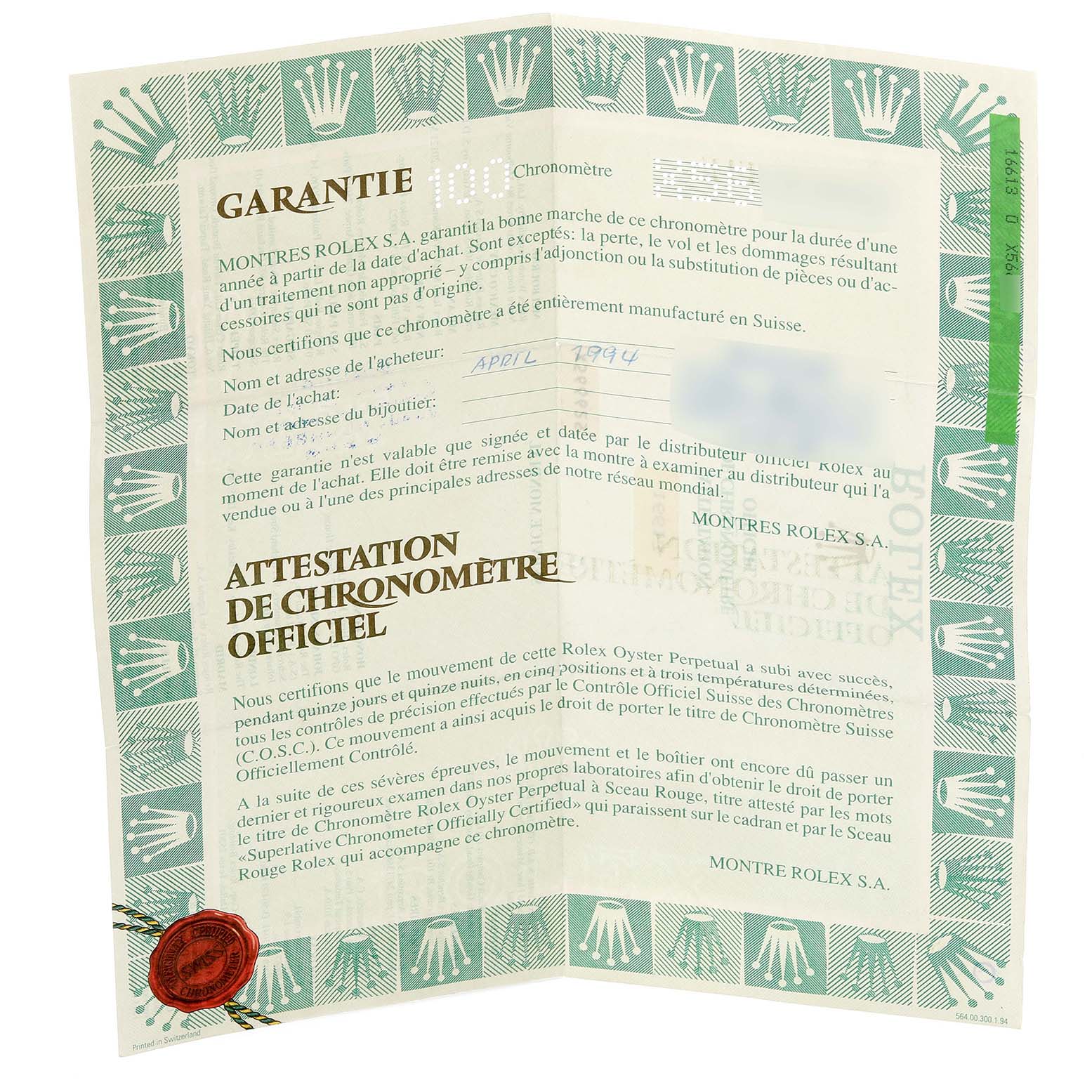 The image shows a warranty and chronometer certificate for a Rolex Submariner 16613 Men's Steel and Gold (two tone) Black Dial 16613 Men's Steel and Gold (two tone) Black Dial, featuring text and official marks.