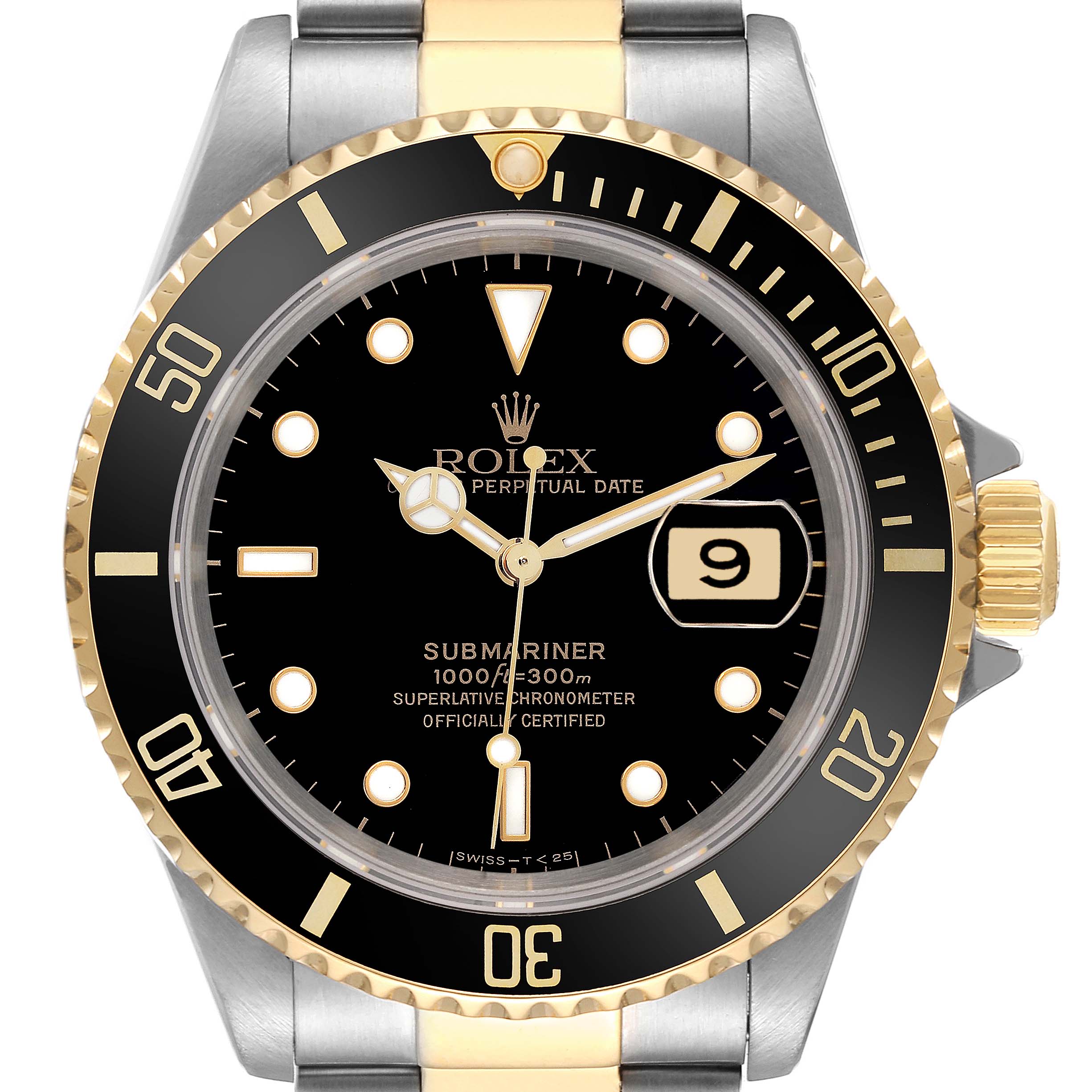 The image shows a front view of a Rolex Submariner 16613 Men's Steel and Gold (two tone) Black Dial 16613 Men's Steel and Gold (two tone) Black Dial watch, displaying the dial, bezel, and part of the bracelet.