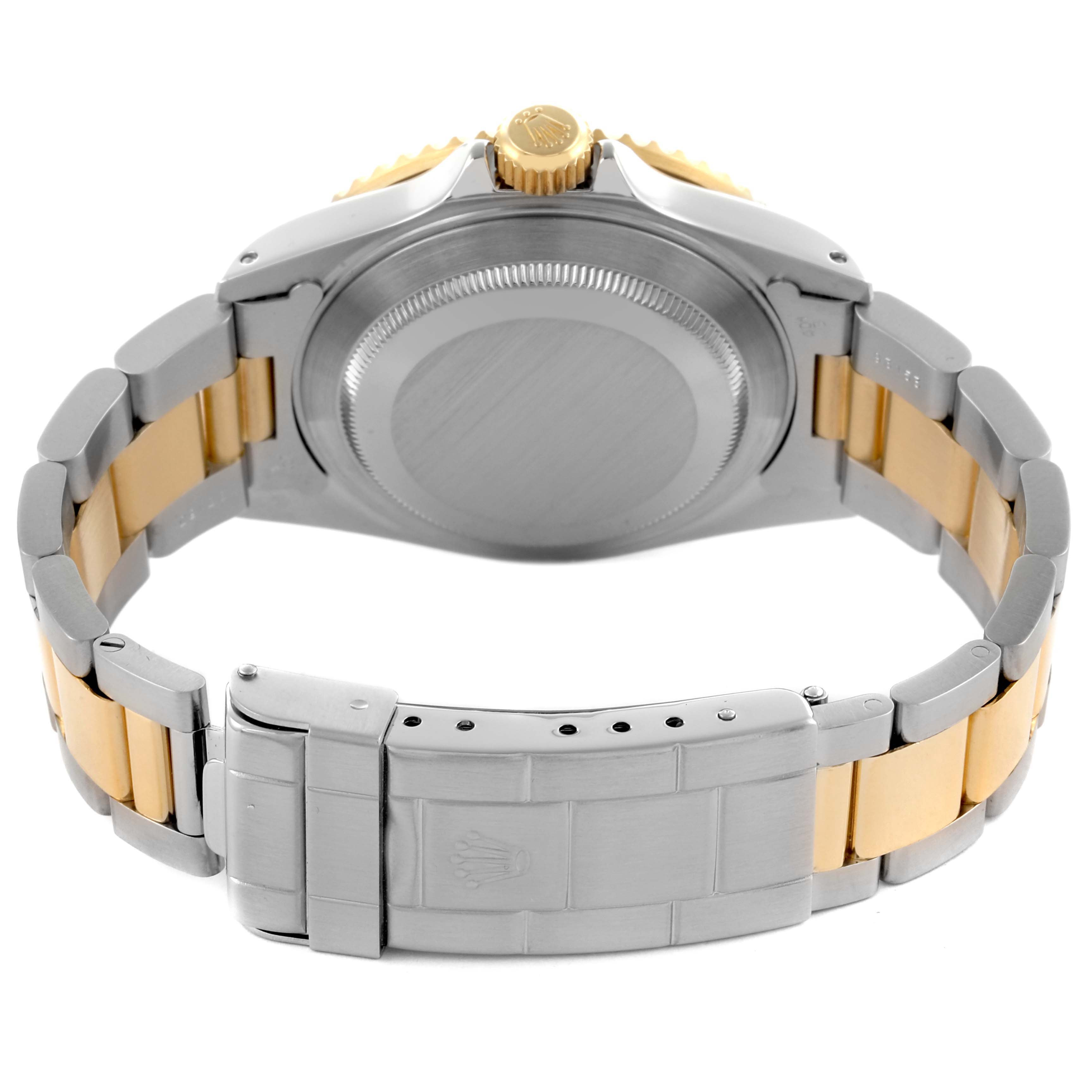 The image shows the back view of a Rolex Submariner 16613 Men's Steel and Gold (two tone) Black Dial 16613 Men's Steel and Gold (two tone) Black Dial, highlighting the case back, crown, and two-tone bracelet.