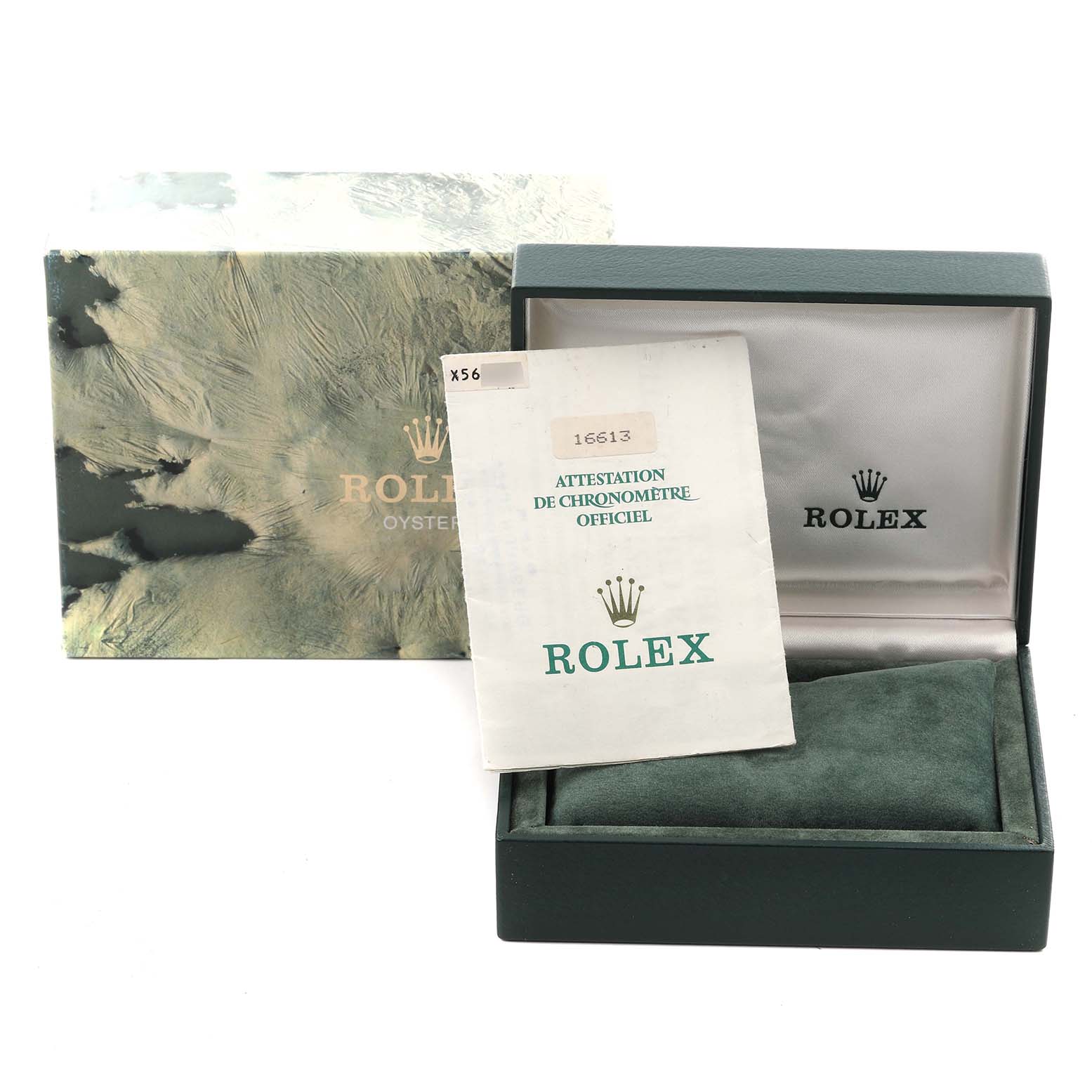 The image shows a Rolex Submariner 16613 Men's Steel and Gold (two tone) Black Dial 16613 Men's Steel and Gold (two tone) Black Dial box, a certificate, and outer packaging at an angle from the front.