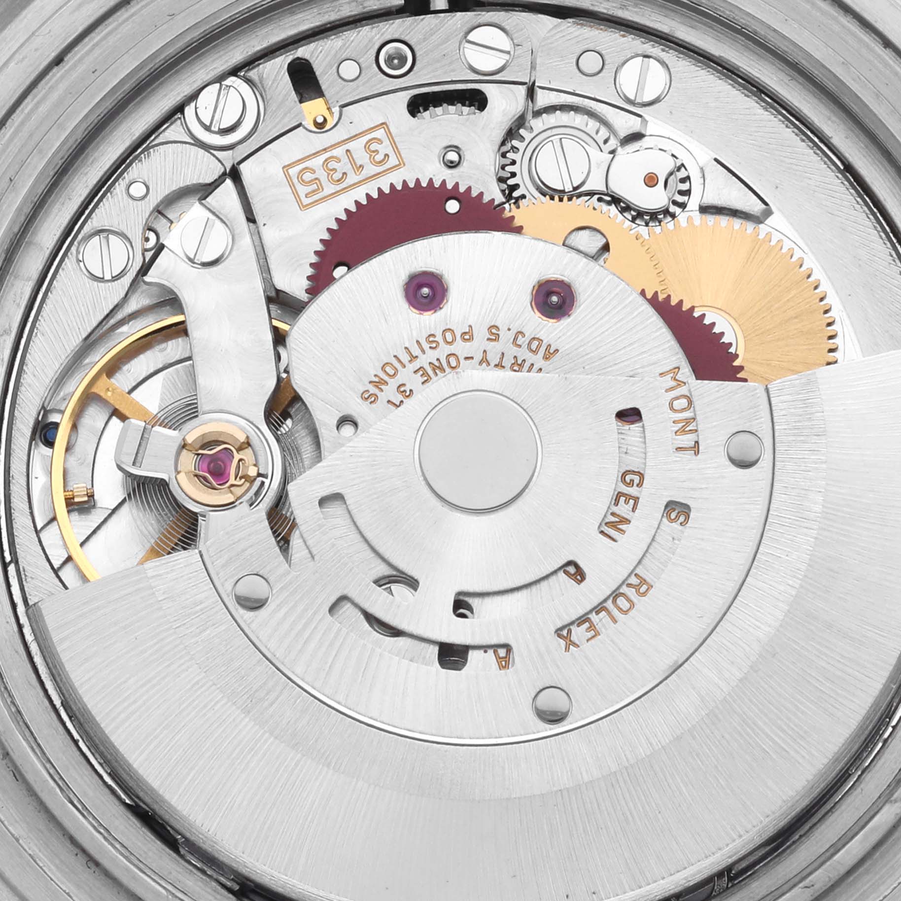 The image shows a close-up view of the Rolex Submariner 16613 Men's Steel and Gold (two tone) Blue Dial 16613 Men's Steel and Gold (two tone) Blue Dial's movement, highlighting gears and mechanical components.