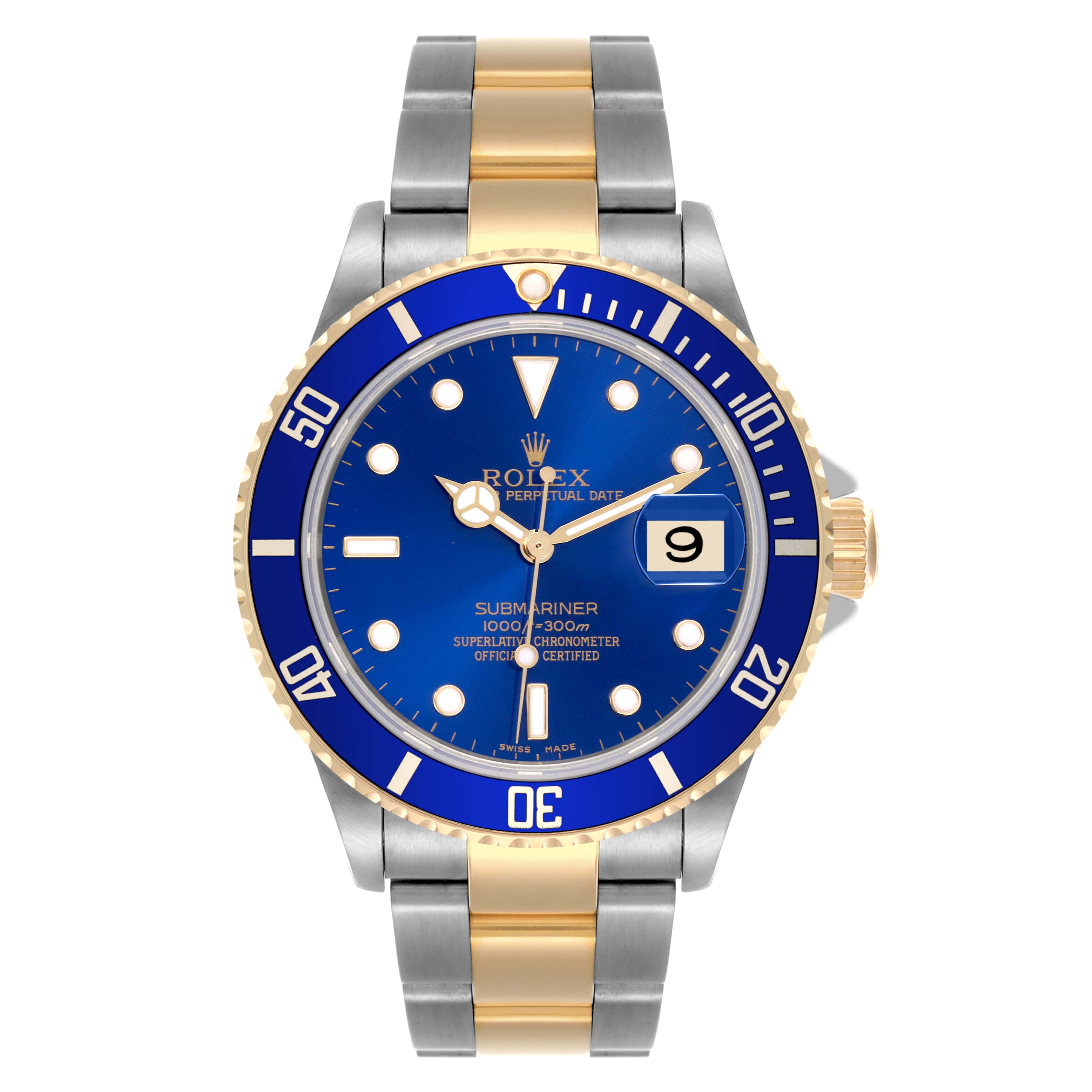 The Rolex Submariner 16613 Men's Steel and Gold (two tone) Blue Dial 16613 Men's Steel and Gold (two tone) Blue Dial is shown from the front, highlighting its blue dial, bezel, and two-tone metal bracelet.