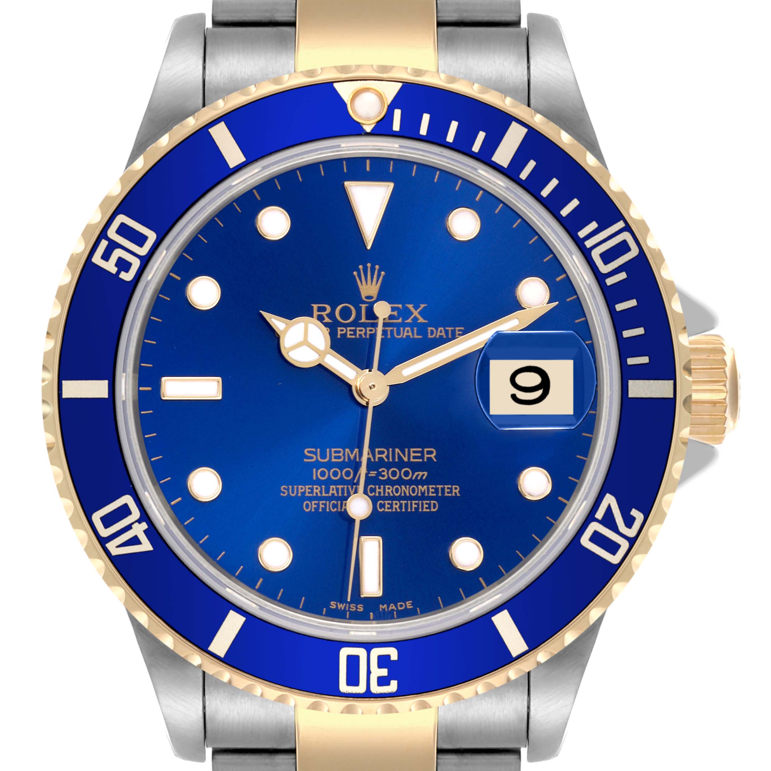 The Rolex Submariner 16613 Men's Steel and Gold (two tone) Blue Dial 16613 Men's Steel and Gold (two tone) Blue Dial model is shown from a top view, highlighting the blue bezel, dial, and Cyclops date window.
