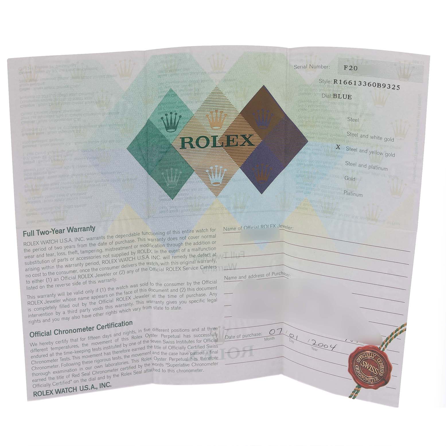 This image shows a warranty certificate for a Rolex Submariner 16613 Men's Steel and Gold (two tone) Blue Dial 16613 Men's Steel and Gold (two tone) Blue Dial watch, including details like serial and model numbers.