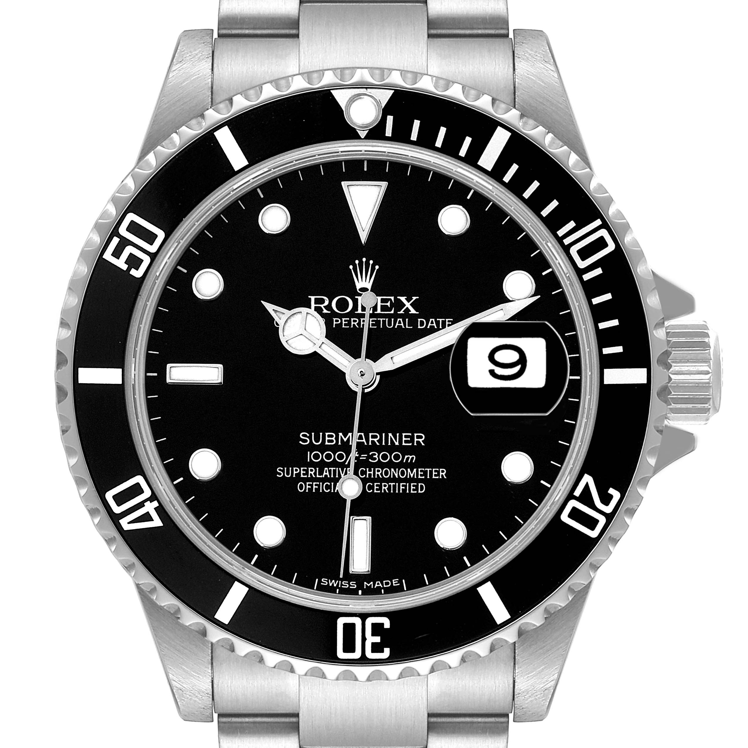 The image shows a front view of the Rolex Submariner 16610 Men's Stainless Steel Black Dial 16610 Men's Stainless Steel Black Dial watch, highlighting the dial, bezel, and bracelet.