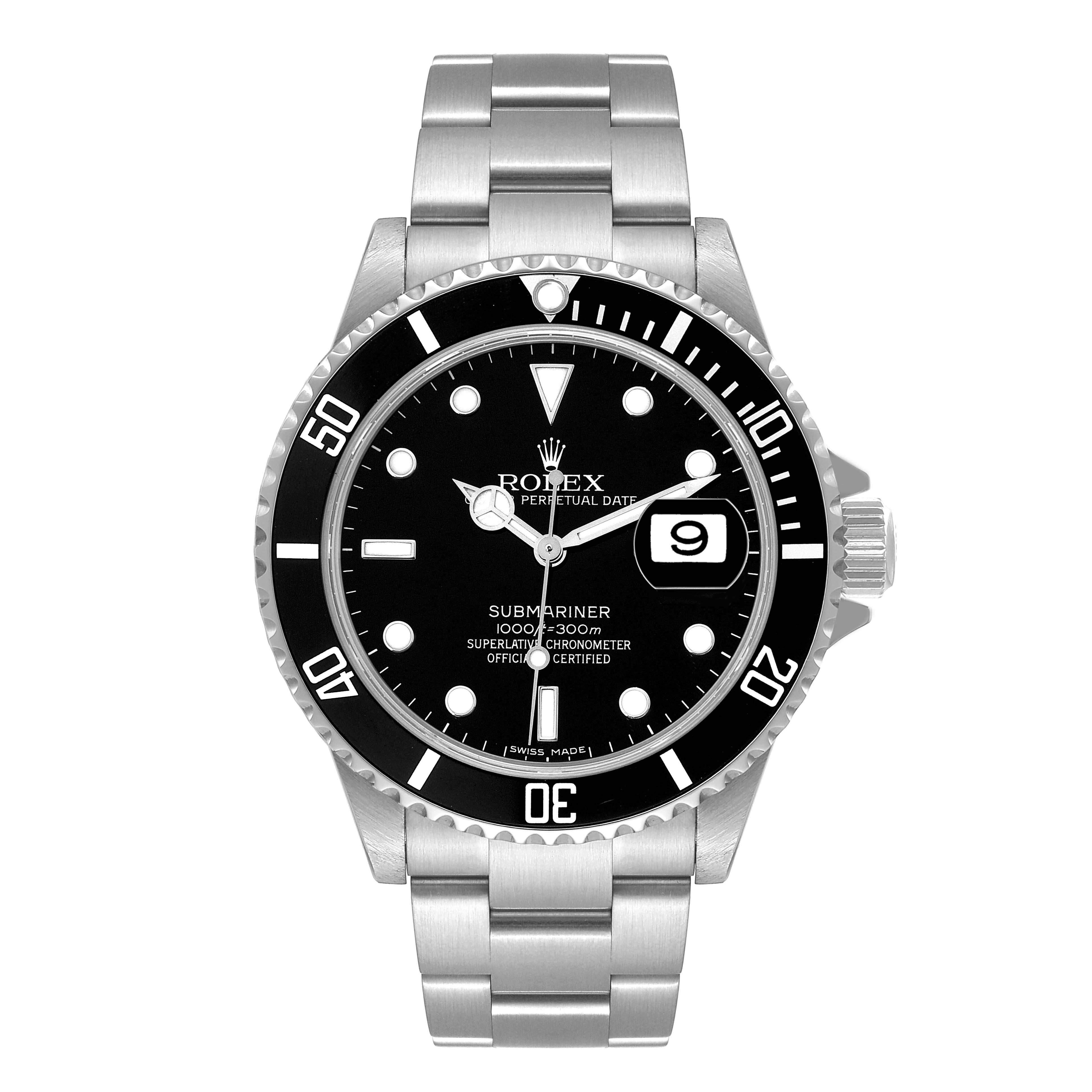 This image shows a front view of the Rolex Submariner 16610 Men's Stainless Steel Black Dial 16610 Men's Stainless Steel Black Dial watch, displaying the dial, bezel, and bracelet.