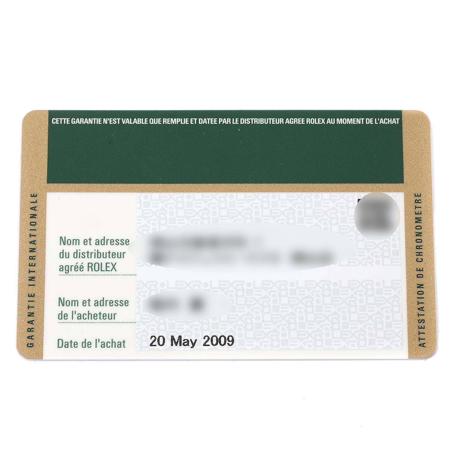 The image shows a guarantee card for the Rolex Submariner 16610 Men's Stainless Steel Black Dial 16610 Men's Stainless Steel Black Dial watch, dated 20 May 2009.