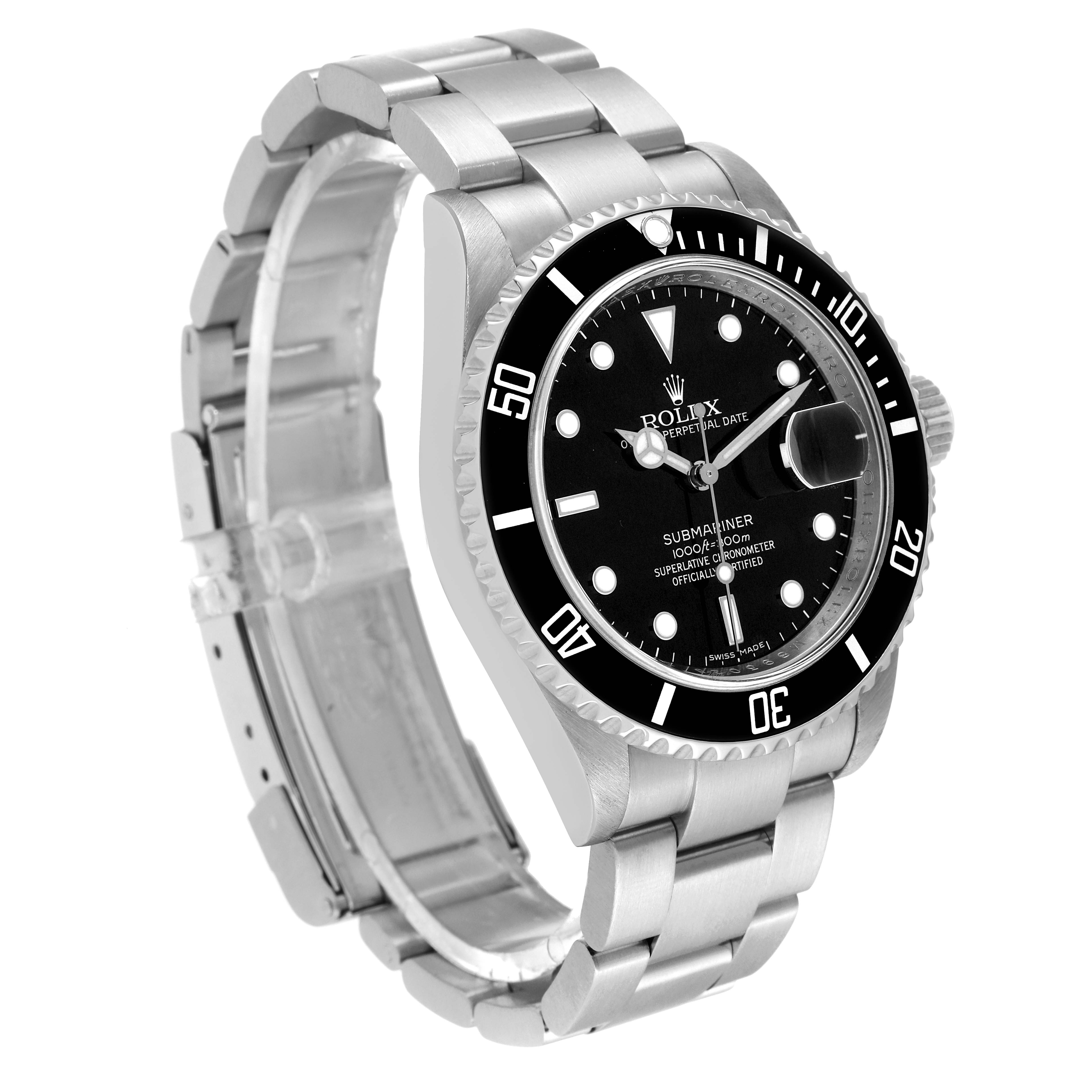 The image shows a Rolex Submariner 16610 Men's Stainless Steel Black Dial 16610 Men's Stainless Steel Black Dial watch at a three-quarter angle, highlighting the dial, bezel, and bracelet.