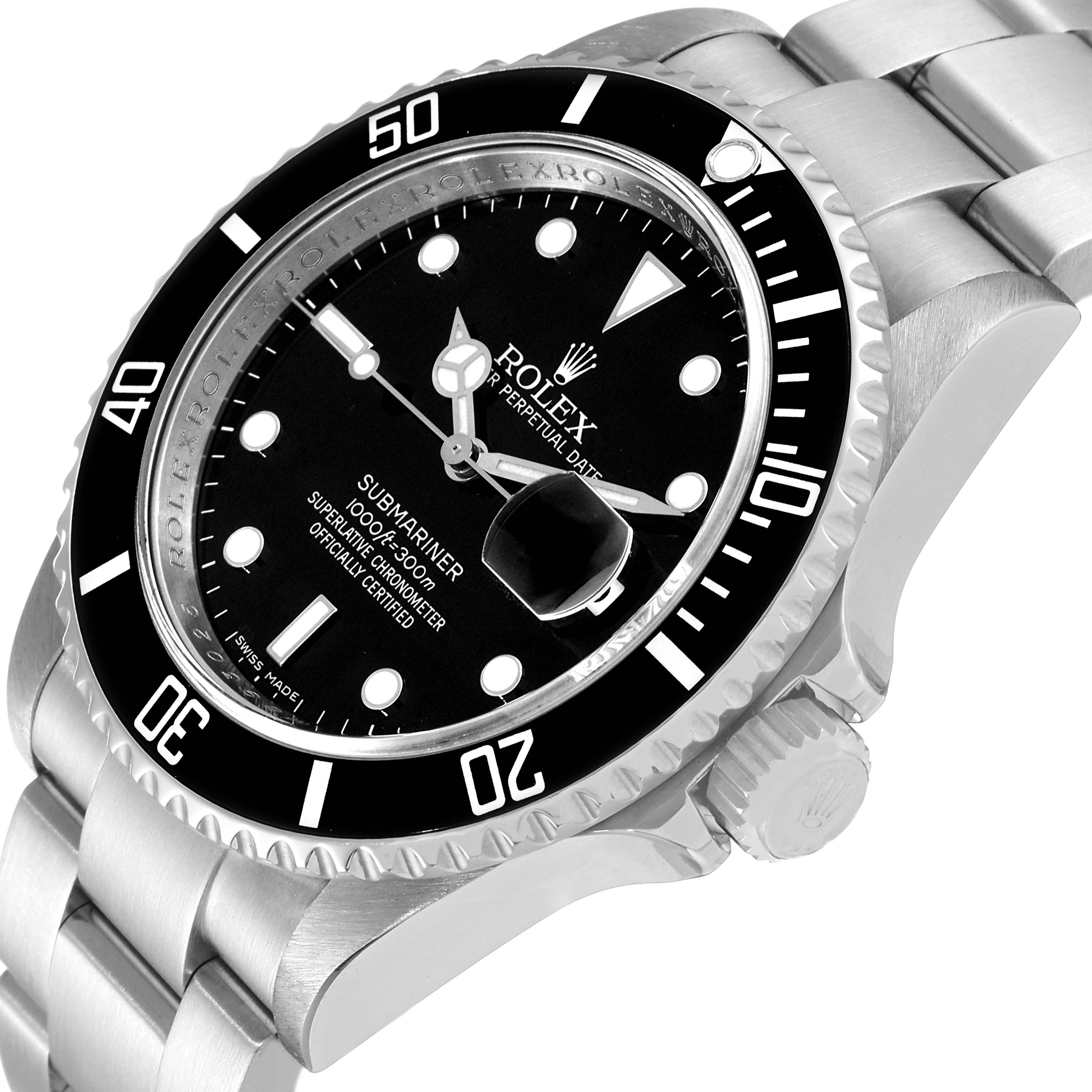 The Rolex Submariner 16610 Men's Stainless Steel Black Dial 16610 Men's Stainless Steel Black Dial watch is shown from a slightly tilted angle, highlighting the dial, bezel, crown, and part of the bracelet.