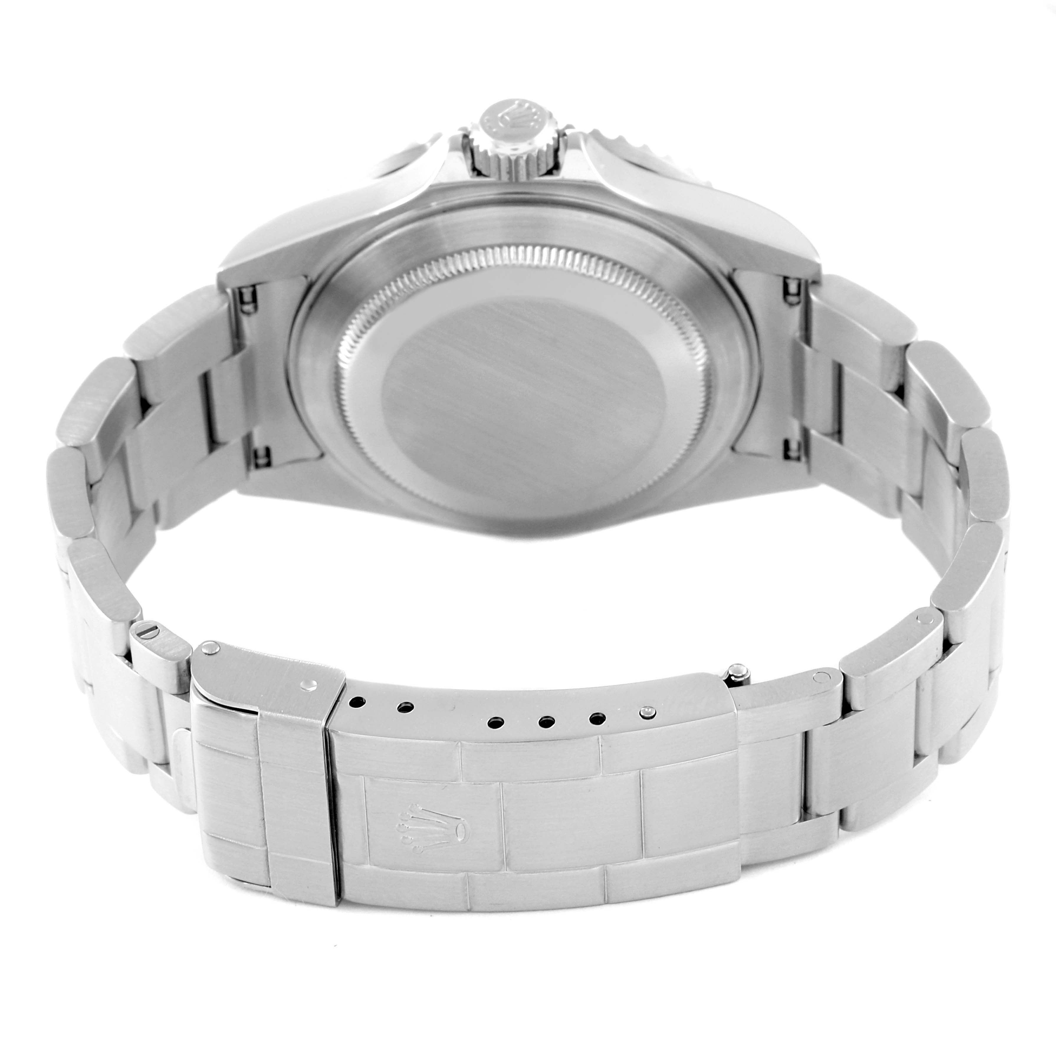 The image shows the case back, crown guard, and bracelet of the Rolex Submariner 16610 Men's Stainless Steel Black Dial 16610 Men's Stainless Steel Black Dial from the rear angle.