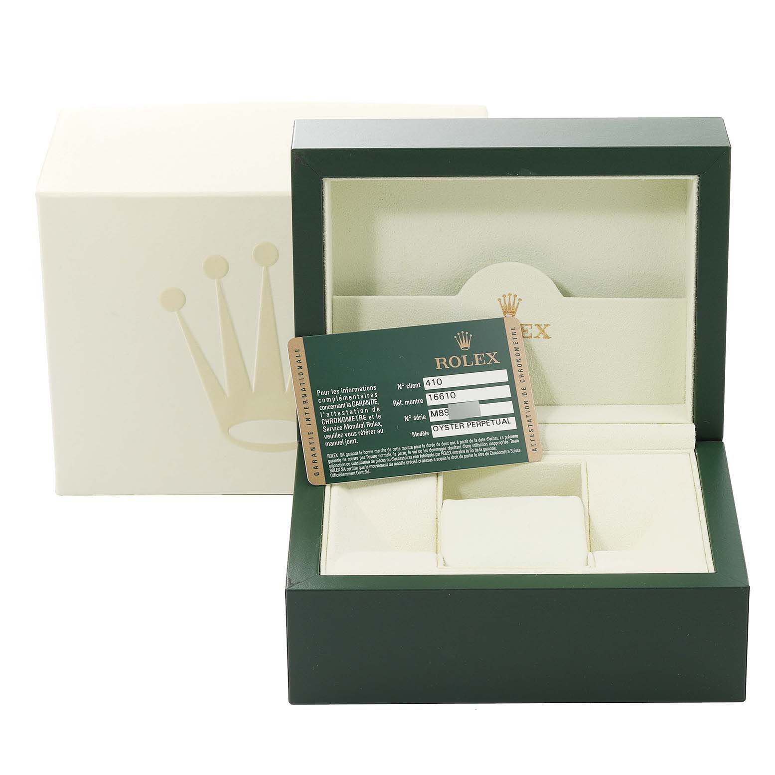 The image shows the open box and guarantee card for the Rolex Submariner 16610 Men's Stainless Steel Black Dial 16610 Men's Stainless Steel Black Dial watch model.