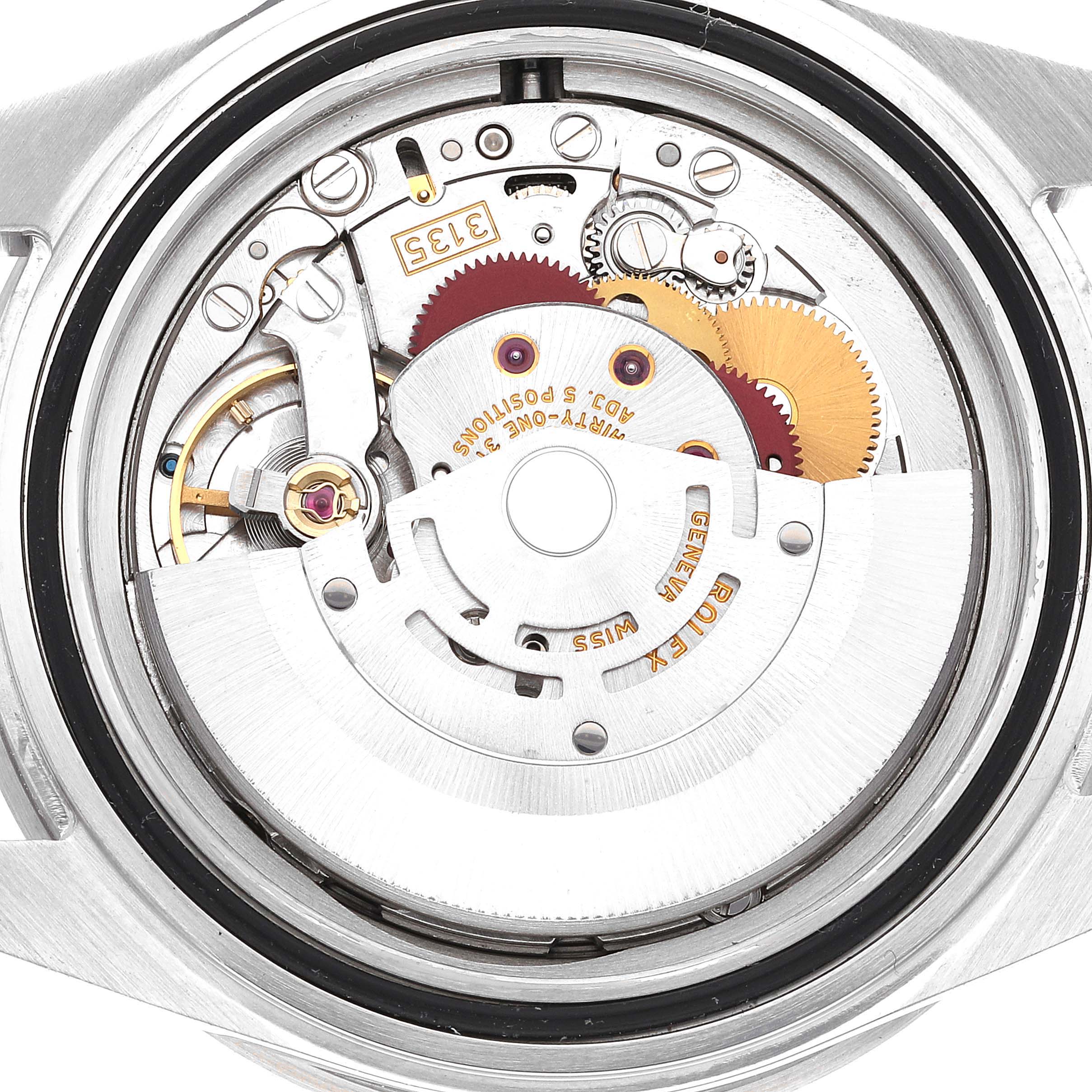 This image shows the internal movement mechanism of a Rolex Submariner 16610 Men
s Stainless Steel Black Dial 16610 Men
s Stainless Steel Black Dial watch from a bottom angle.