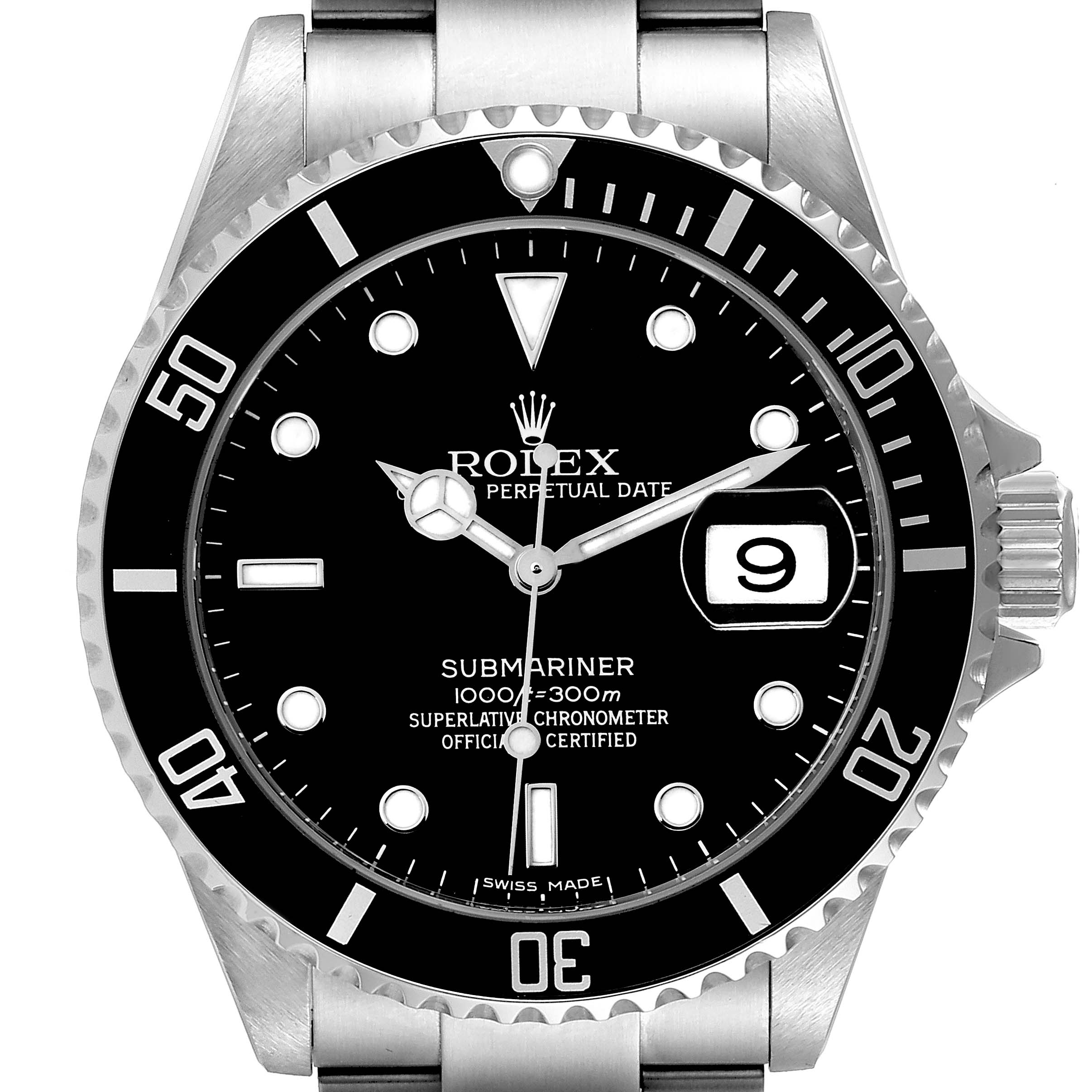 The image shows a front view of a Rolex Submariner 16610 Men
s Stainless Steel Black Dial 16610 Men
s Stainless Steel Black Dial watch with a black dial, date window, and stainless steel bracelet.