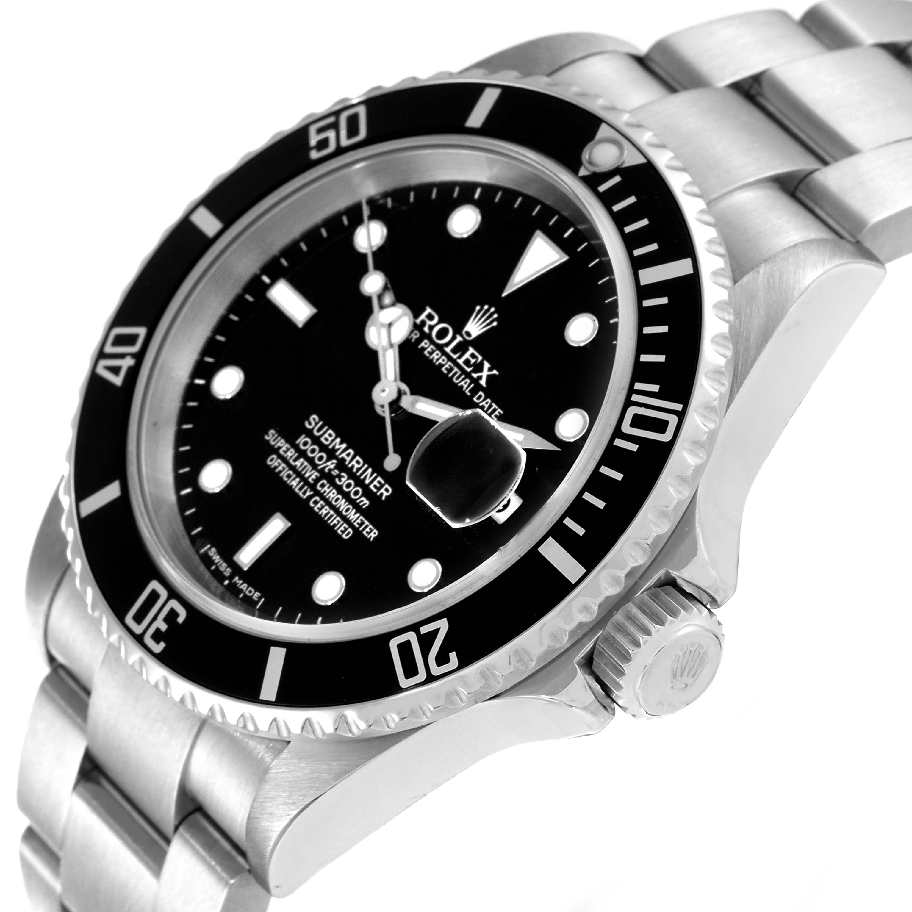 This image shows a Rolex Submariner 16610 Men
s Stainless Steel Black Dial 16610 Men
s Stainless Steel Black Dial watch at an angled perspective highlighting the dial, bezel, crown, and part of the bracelet.