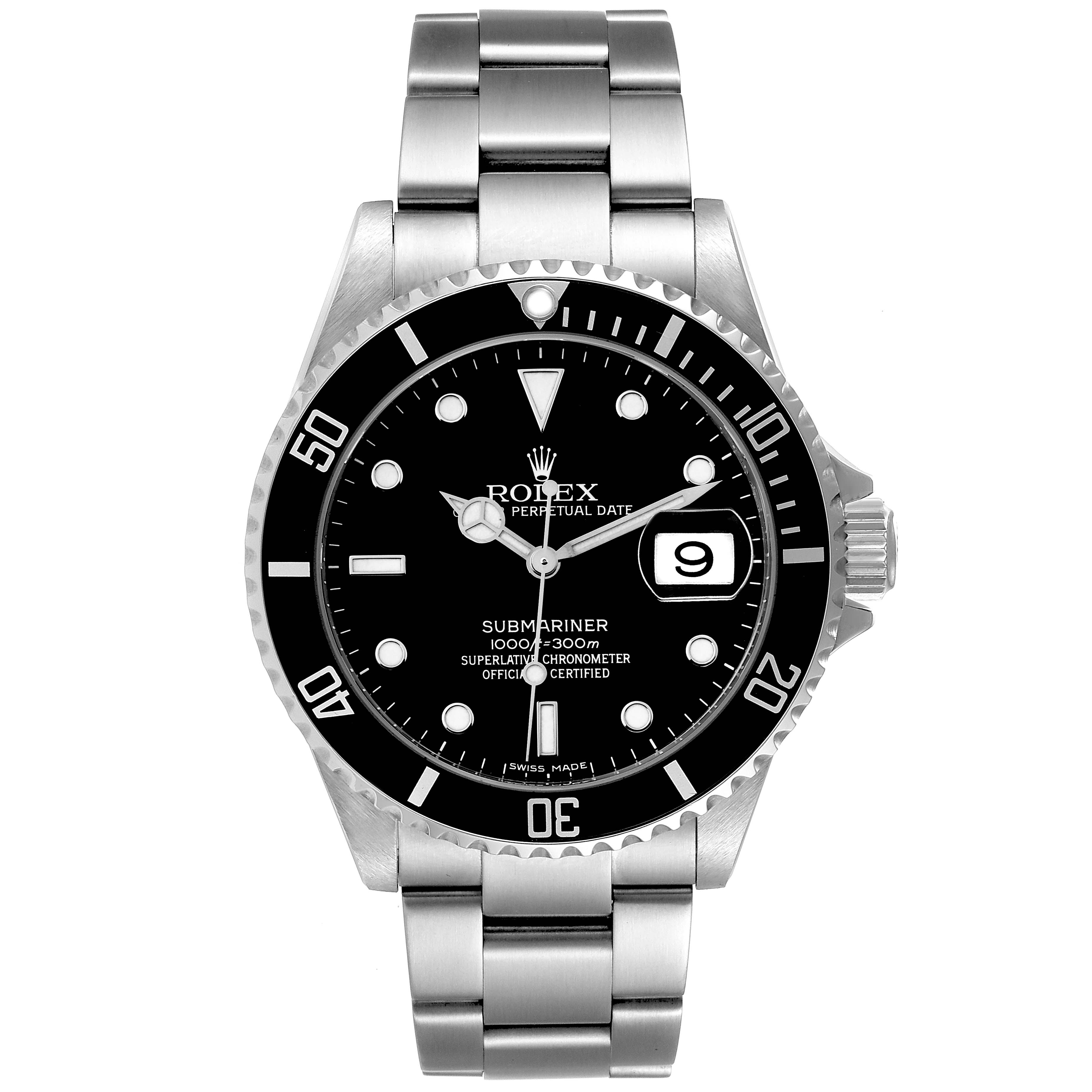 The image shows a frontal view of a Rolex Submariner 16610 Men
s Stainless Steel Black Dial 16610 Men
s Stainless Steel Black Dial watch, highlighting its face, bezel, and bracelet.