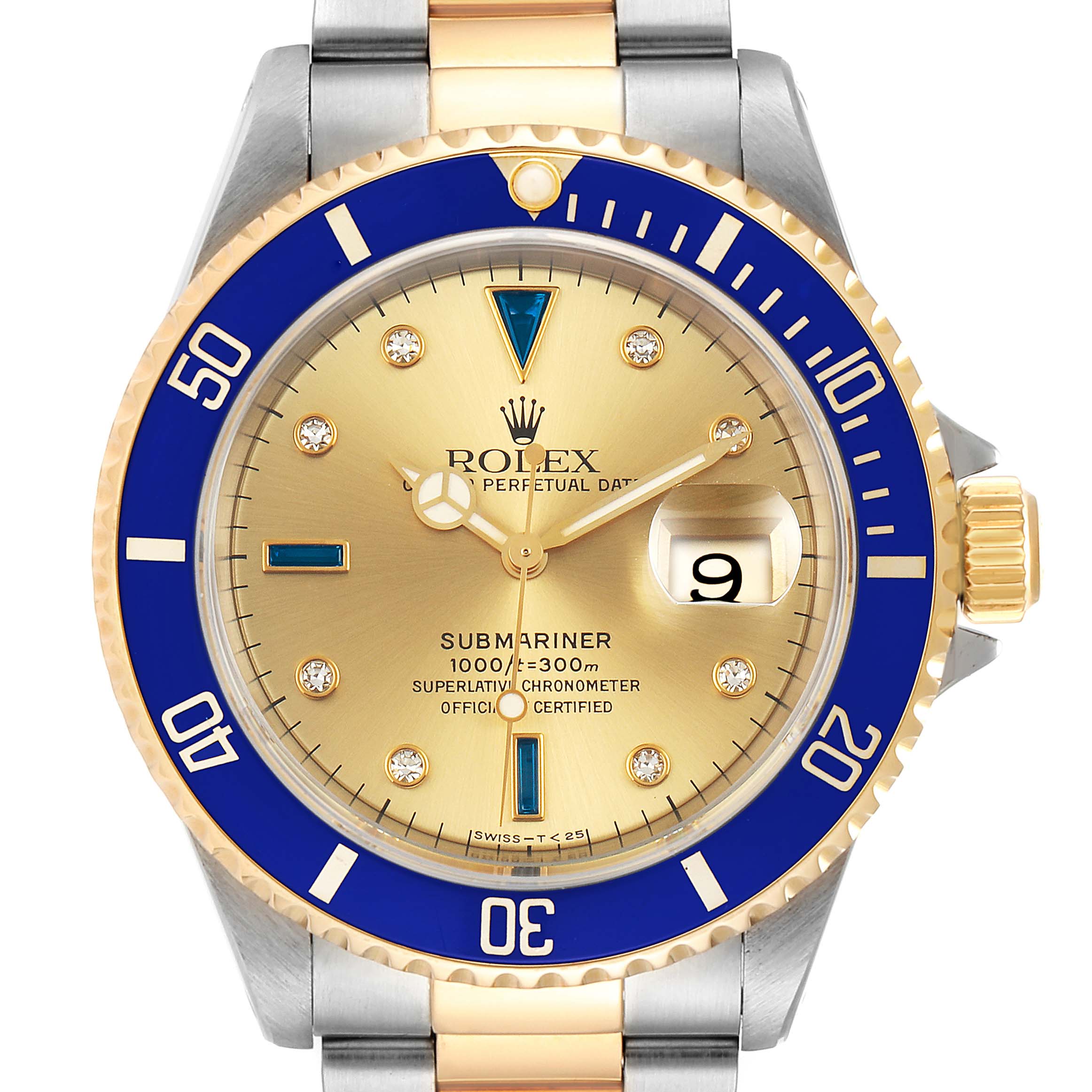 The image shows a frontal close-up of a Rolex Submariner 16613 Men's Steel and Gold (two tone) Champagne Dial 16613 Men's Steel and Gold (two tone) Champagne Dial watch, highlighting its gold dial, blue bezel, and date magnification.