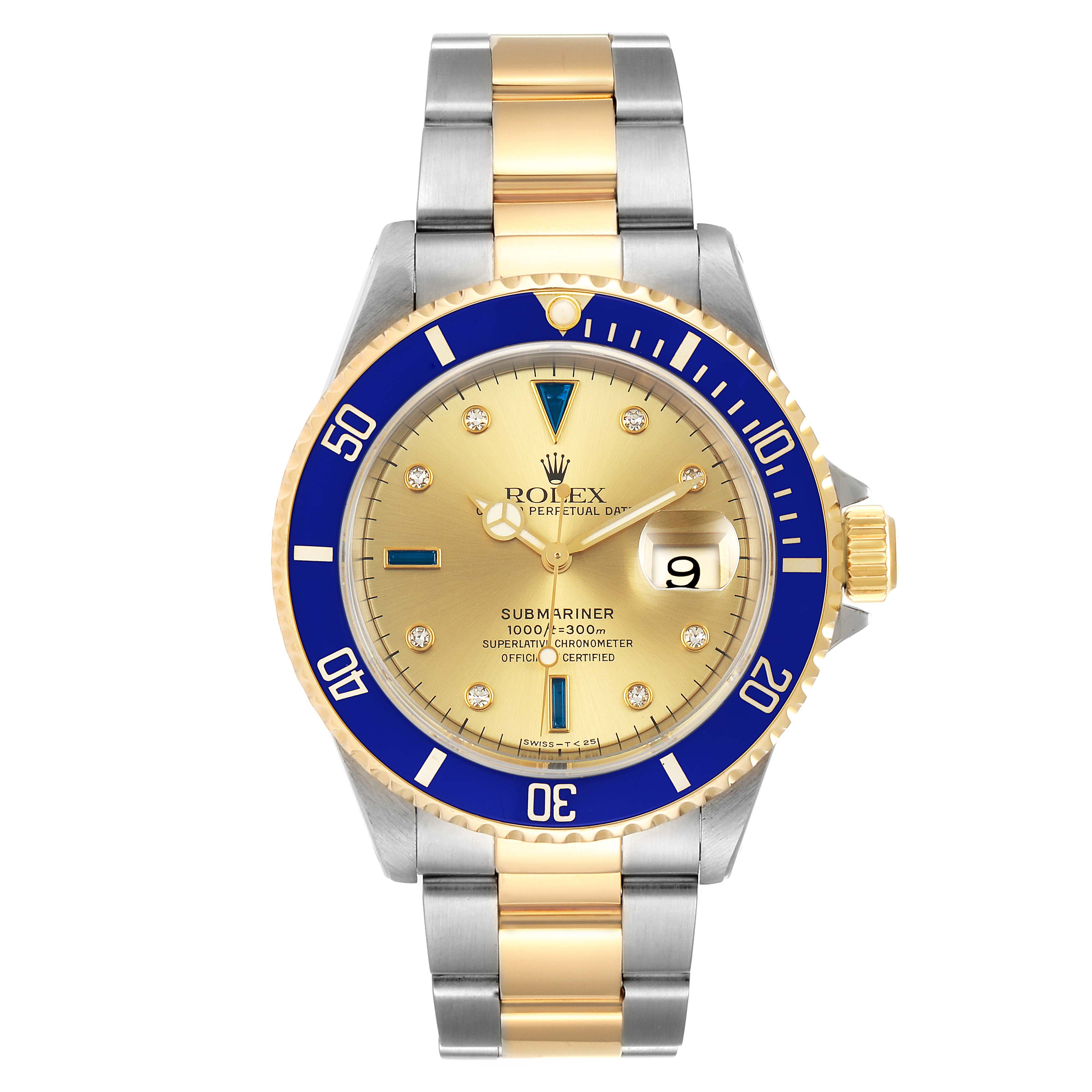 The image shows a front view of a Rolex Submariner 16613 Men's Steel and Gold (two tone) Champagne Dial 16613 Men's Steel and Gold (two tone) Champagne Dial watch, highlighting its dial, bezel, bracelet, and crown.