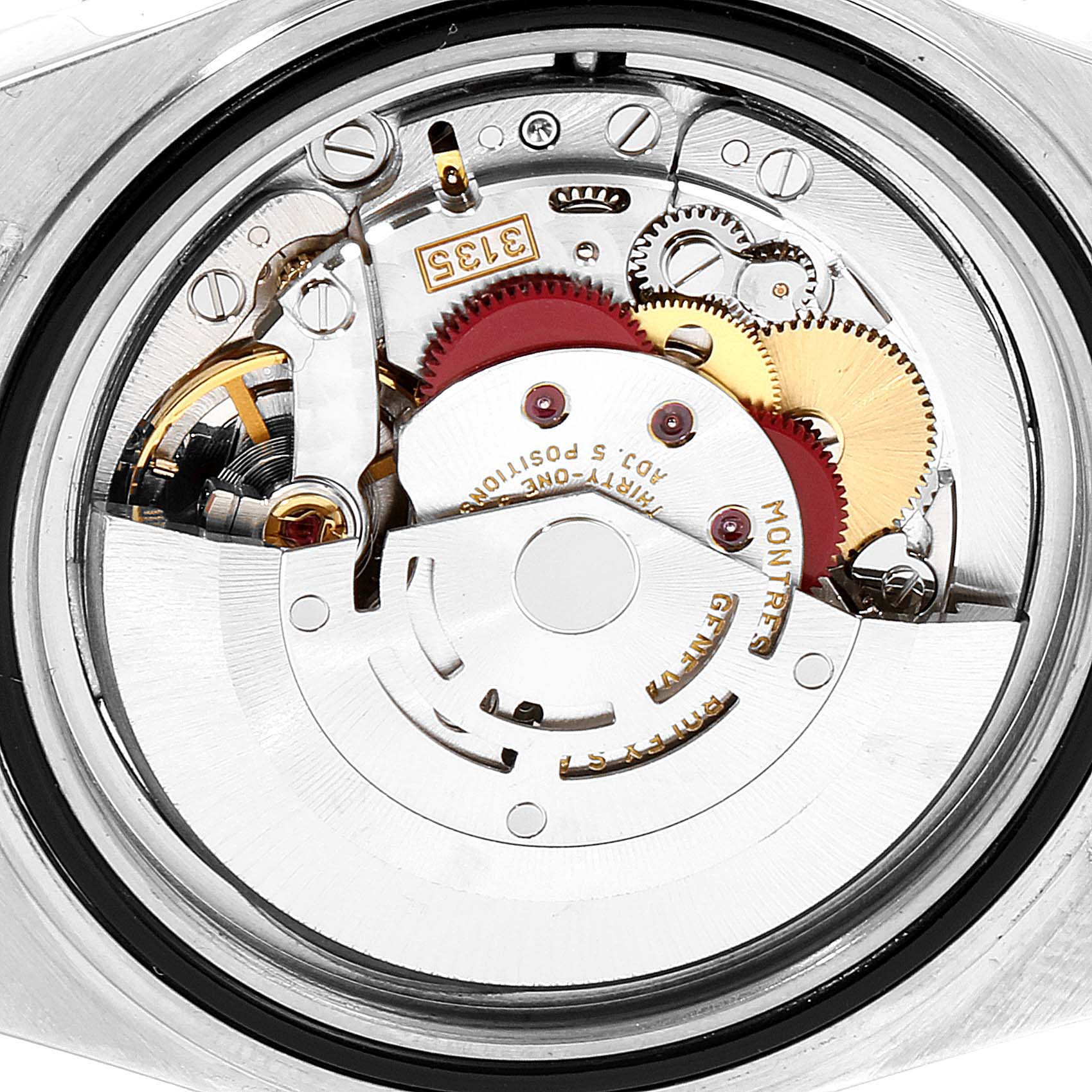 This is a close-up view of the movement and inner mechanisms of the Rolex Submariner 16613 Men's Steel and Gold (two tone) Champagne Dial 16613 Men's Steel and Gold (two tone) Champagne Dial watch.