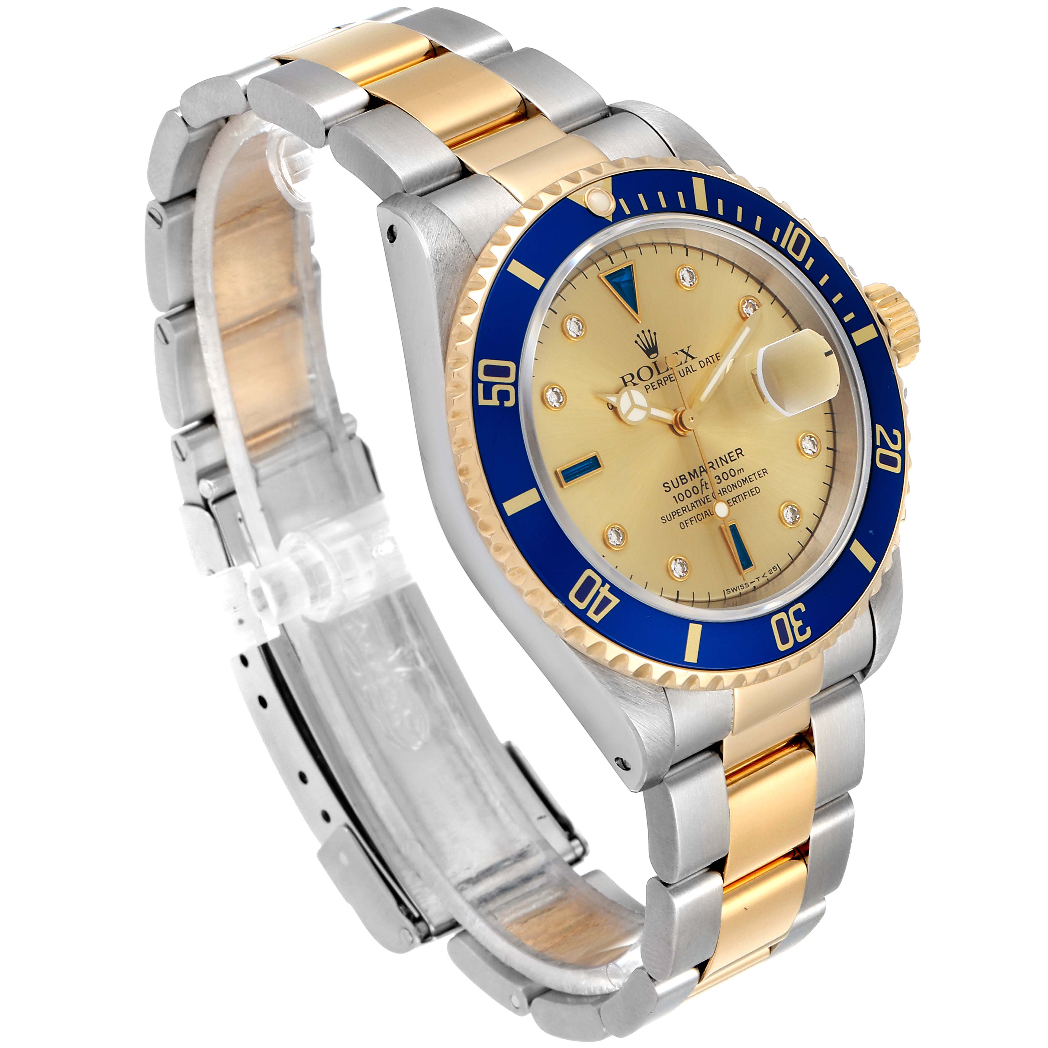 The image shows a Rolex Submariner 16613 Men's Steel and Gold (two tone) Champagne Dial 16613 Men's Steel and Gold (two tone) Champagne Dial watch from an angled side view, highlighting the bezel, dial, bracelet, and clasp.