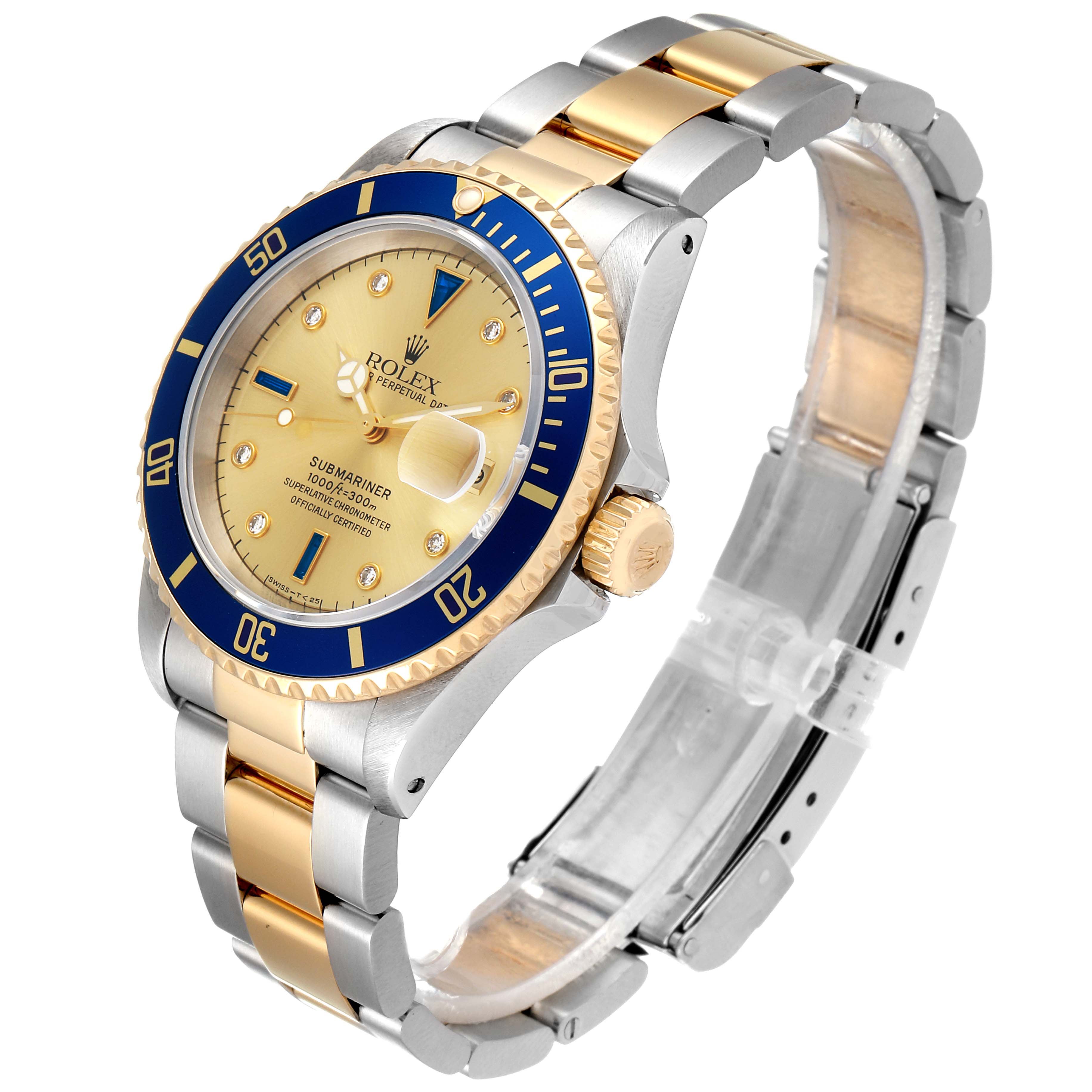 The Rolex Submariner 16613 Men's Steel and Gold (two tone) Champagne Dial 16613 Men's Steel and Gold (two tone) Champagne Dial watch is shown at a slight angle, displaying the face, bezel, crown, and bracelet.