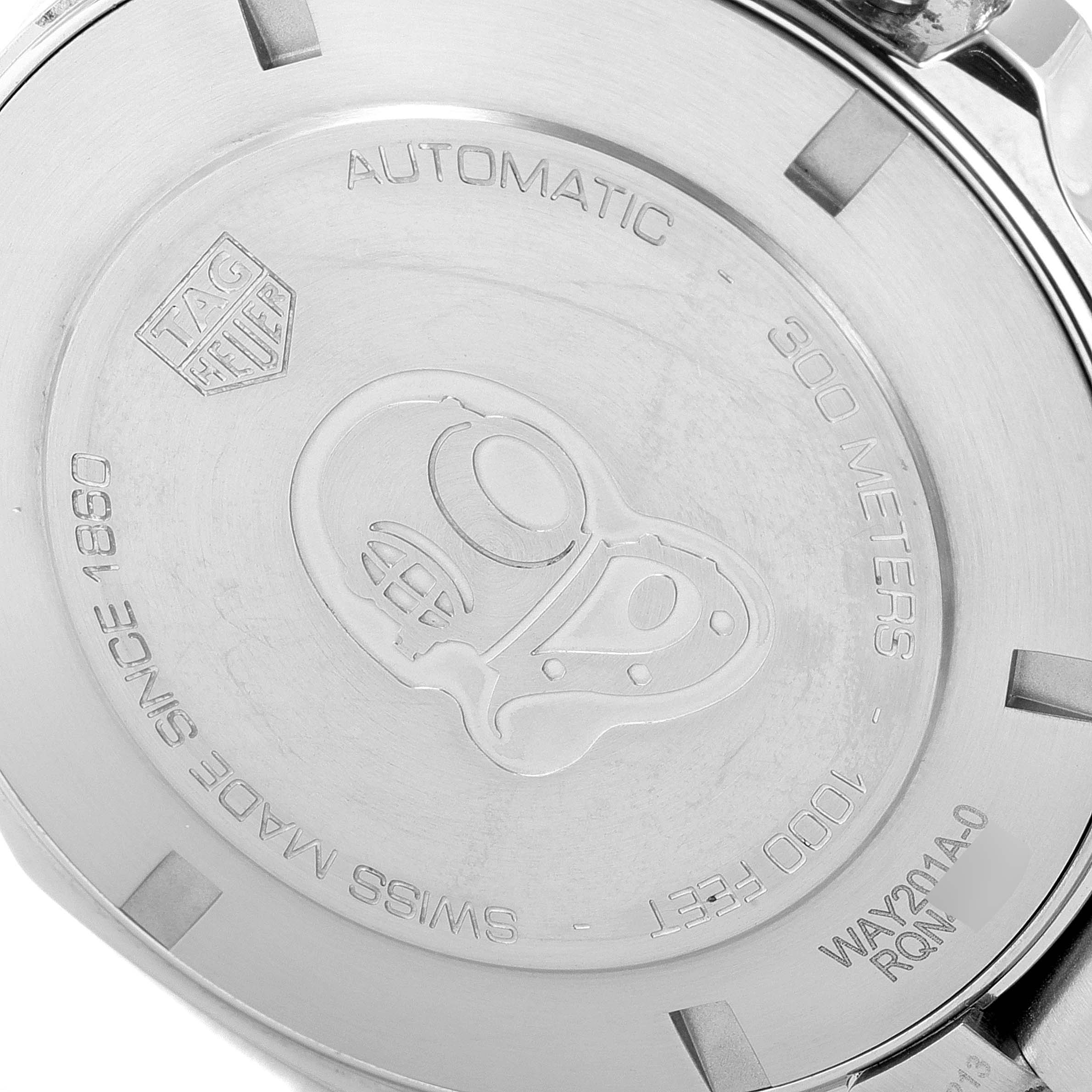 The image shows the back case of a Tag Heuer Aquaracer WAY201A.BA0927 Men's Stainless Steel Black Dial WAY201A.BA0927 Men's Stainless Steel Black Dial watch, highlighting engravings and specifications.