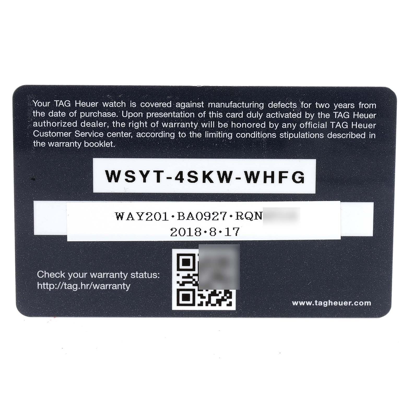 The image shows the warranty card for the Tag Heuer Aquaracer WAY201A.BA0927 Men's Stainless Steel Black Dial WAY201A.BA0927 Men's Stainless Steel Black Dial model, providing coverage details and purchase information.