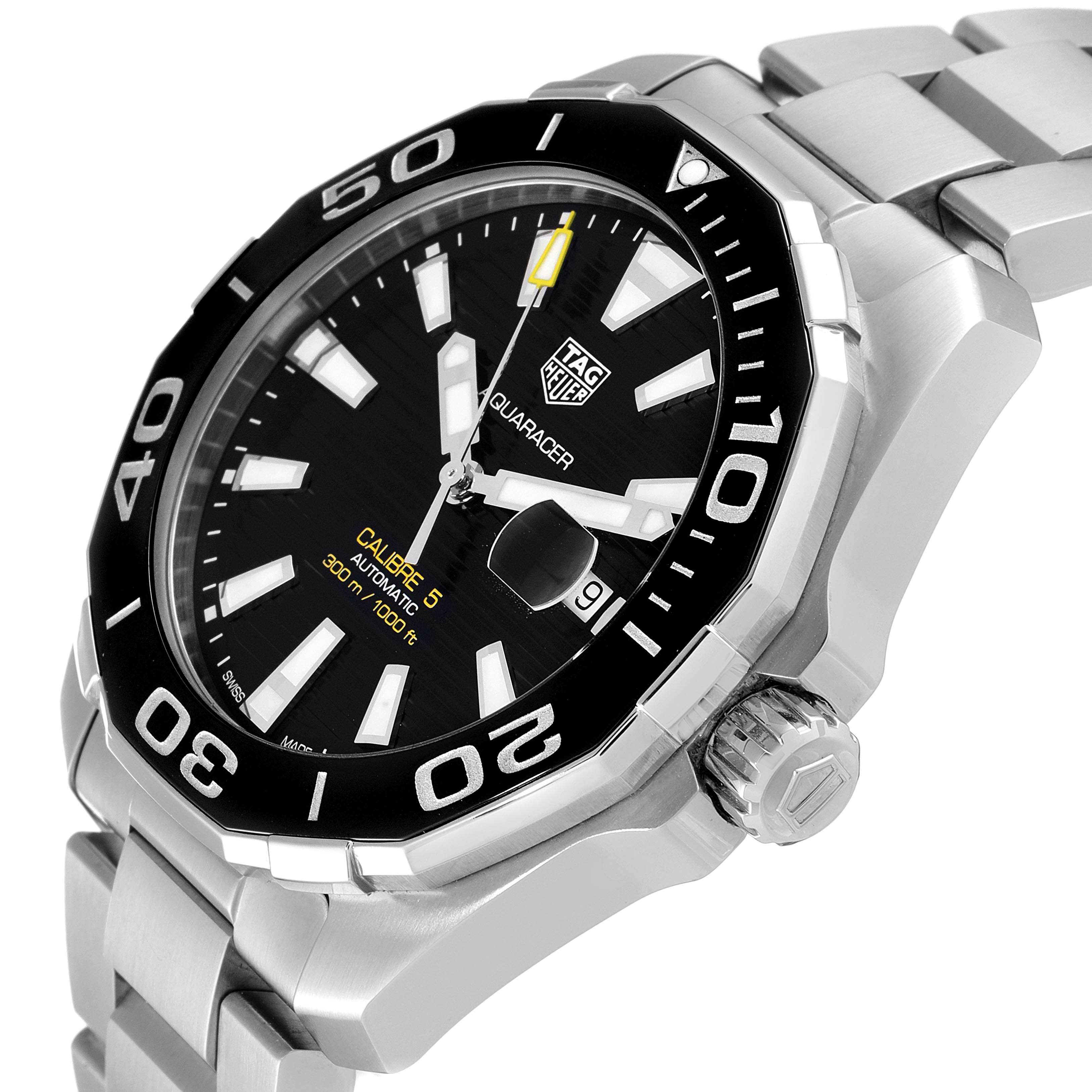 This image shows a side-angle view of the Tag Heuer Aquaracer WAY201A.BA0927 Men's Stainless Steel Black Dial WAY201A.BA0927 Men's Stainless Steel Black Dial watch, highlighting the dial, bezel, and bracelet.