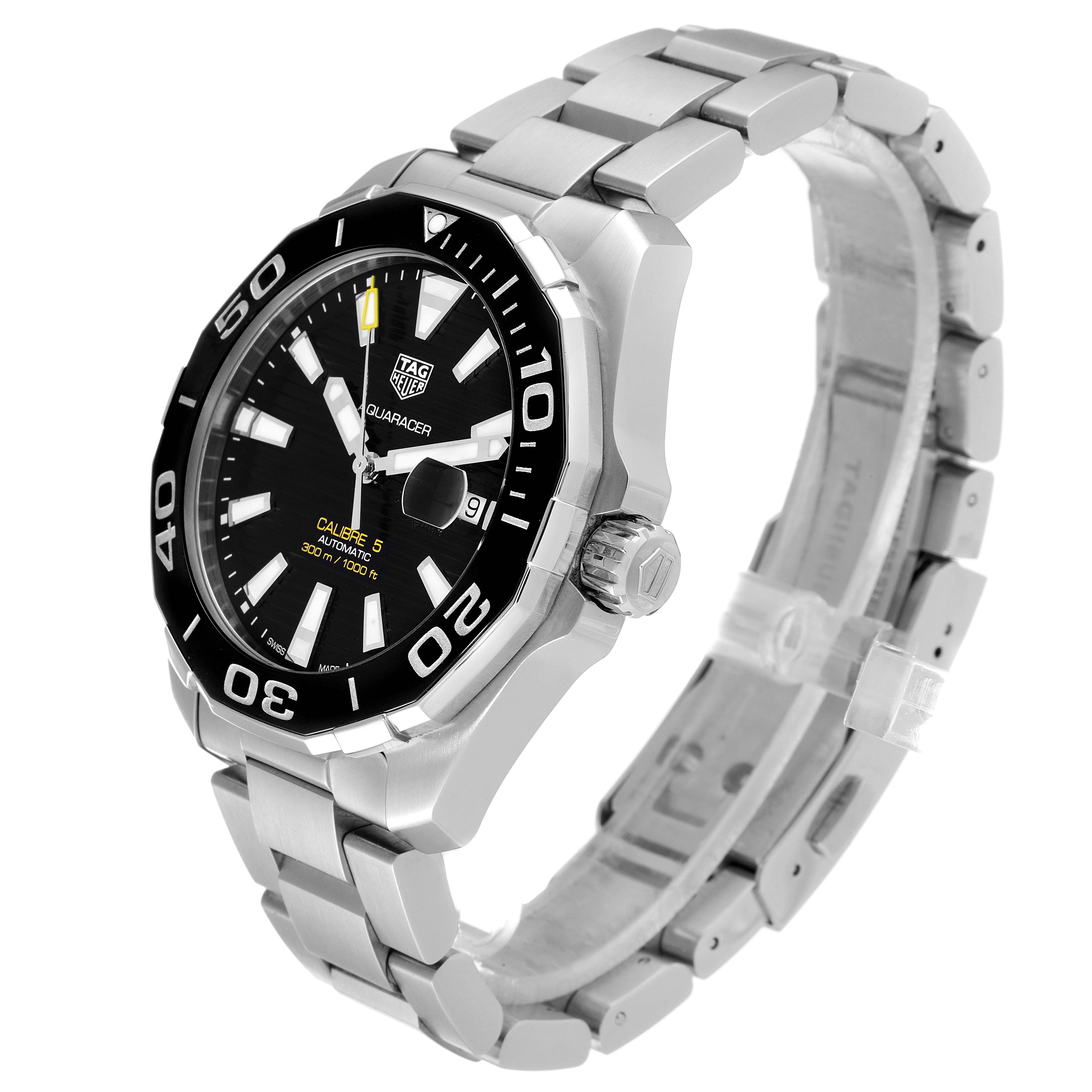 The image shows a Tag Heuer Aquaracer WAY201A.BA0927 Men's Stainless Steel Black Dial WAY201A.BA0927 Men's Stainless Steel Black Dial watch at a three-quarter angle, highlighting the face, bezel, and bracelet.