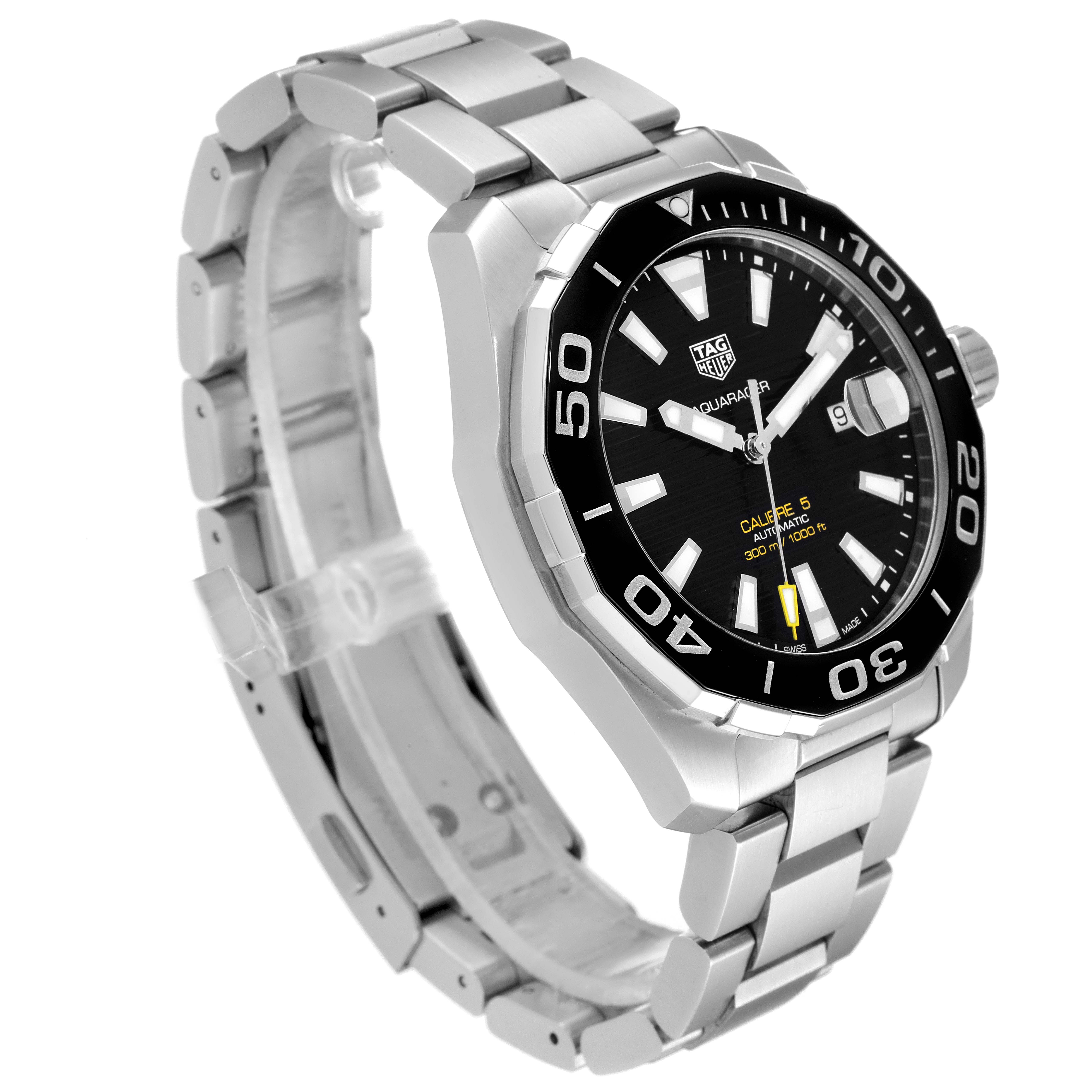 The image shows a side and front angle of the Tag Heuer Aquaracer WAY201A.BA0927 Men's Stainless Steel Black Dial WAY201A.BA0927 Men's Stainless Steel Black Dial watch, highlighting its bezel, dial, and stainless steel bracelet.