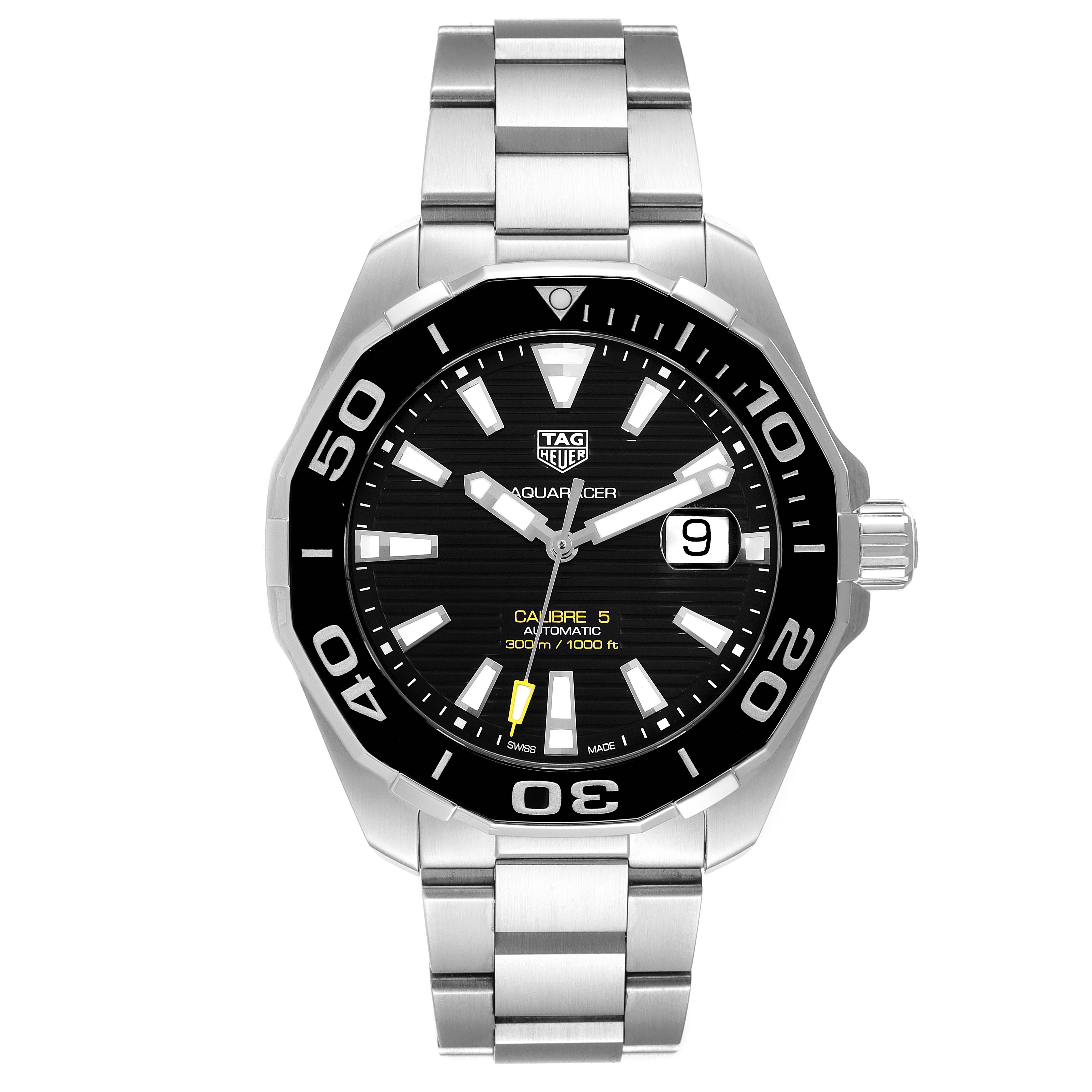 This Tag Heuer Aquaracer WAY201A.BA0927 Men's Stainless Steel Black Dial WAY201A.BA0927 Men's Stainless Steel Black Dial watch is shown from the front, highlighting the dial, bezel, and bracelet.
