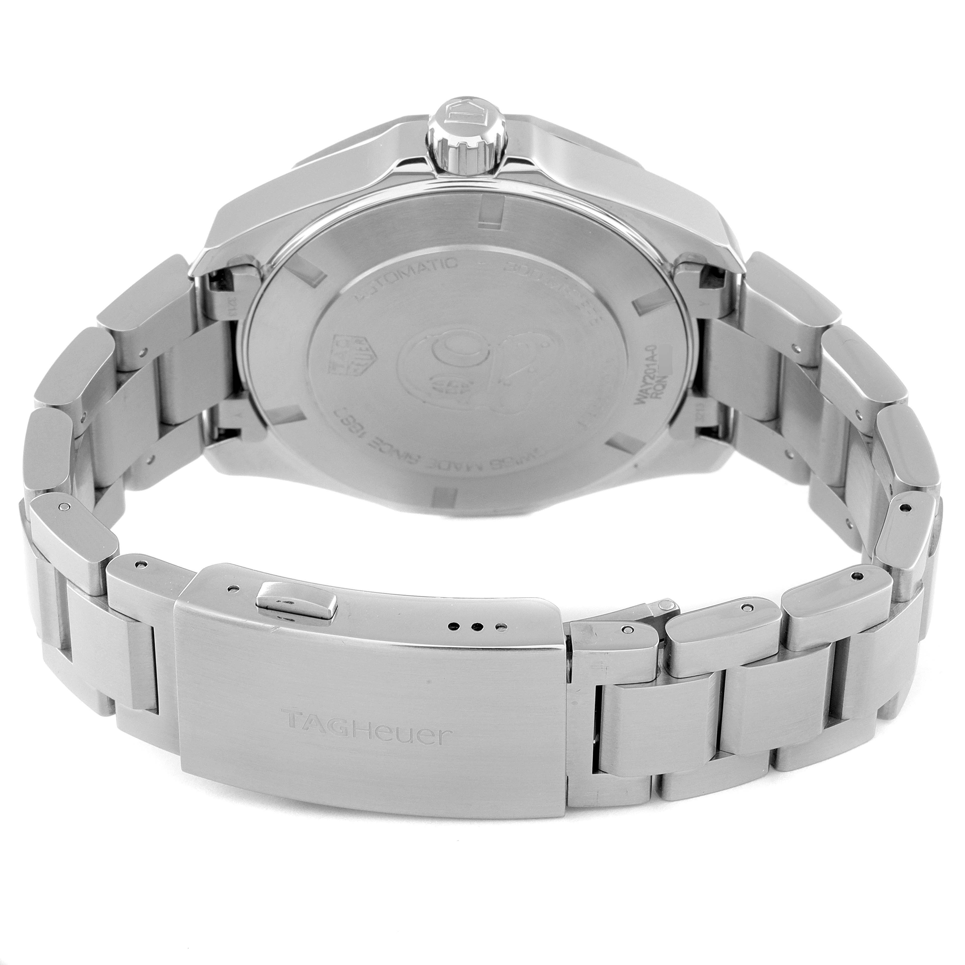 The image shows the back view of the Tag Heuer Aquaracer WAY201A.BA0927 Men's Stainless Steel Black Dial WAY201A.BA0927 Men's Stainless Steel Black Dial, highlighting the closed clasp and stainless steel bracelet.