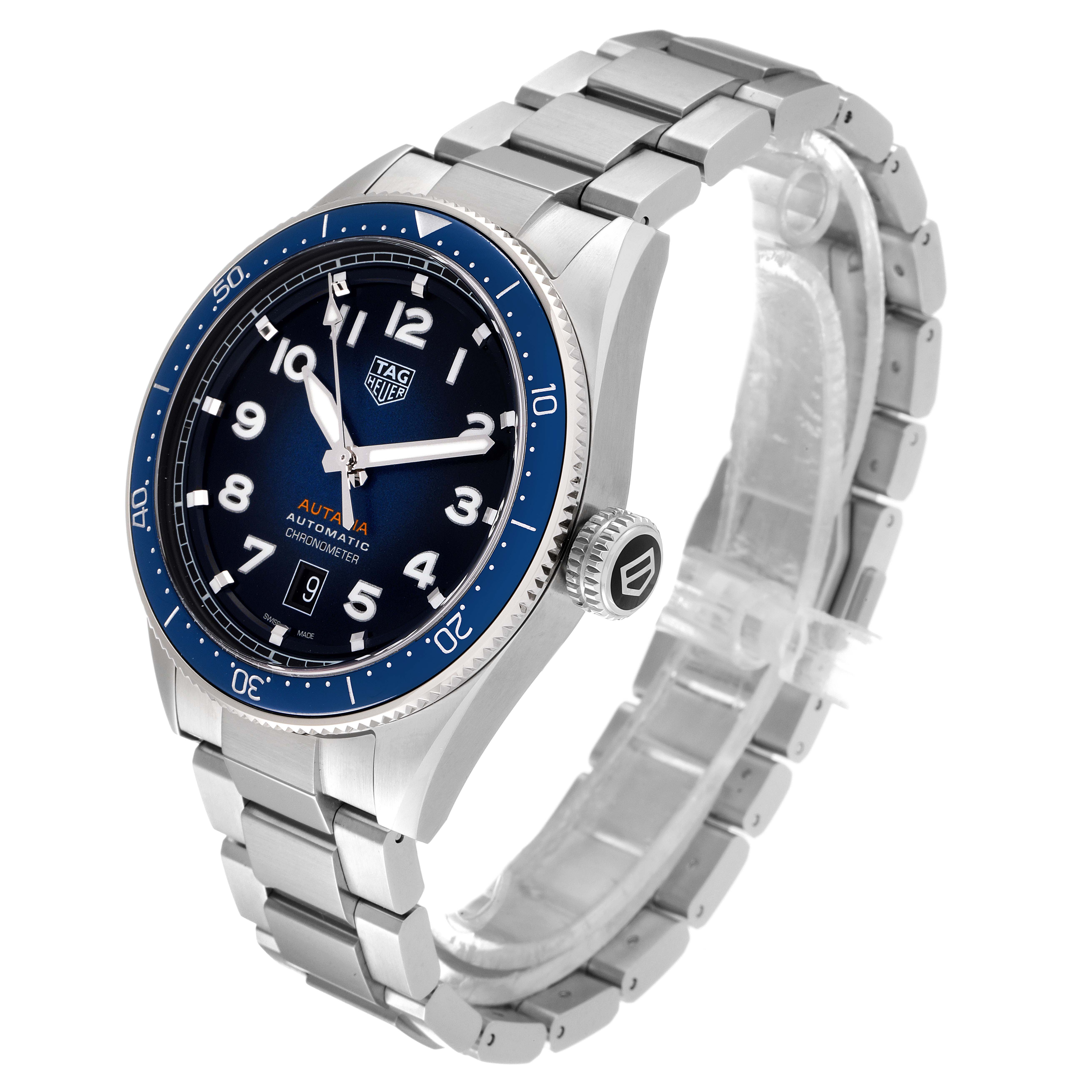 The image shows a side view of a Tag Heuer Autavia WBE5116.EB0173 Men's Stainless Steel Blue Dial WBE5116.EB0173 Men's Stainless Steel Blue Dial watch highlighting its blue dial and stainless steel bracelet.