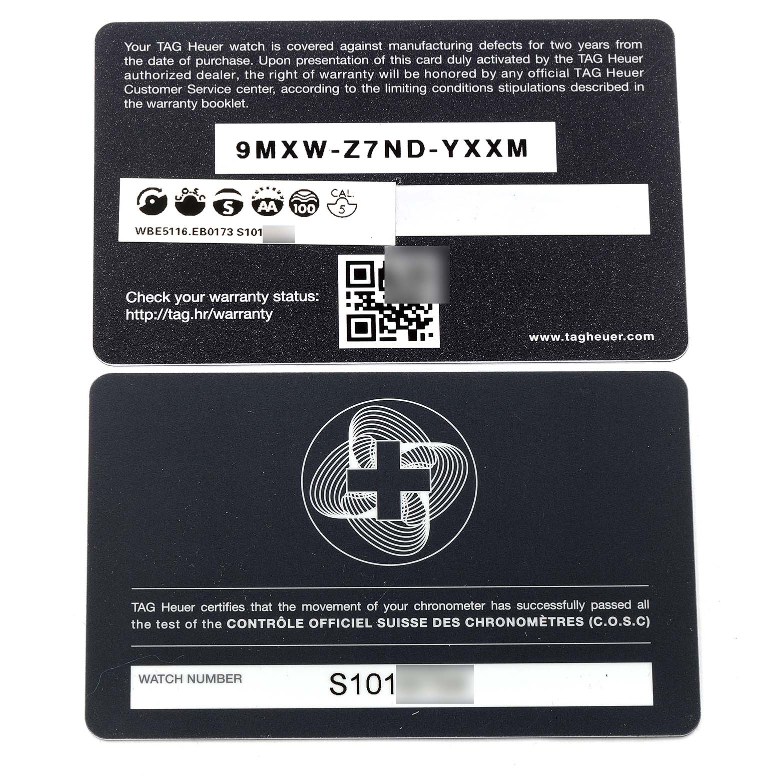 This image shows two warranty cards for a Tag Heuer Autavia WBE5116.EB0173 Men's Stainless Steel Blue Dial WBE5116.EB0173 Men's Stainless Steel Blue Dial watch, displaying serial numbers and warranty information.