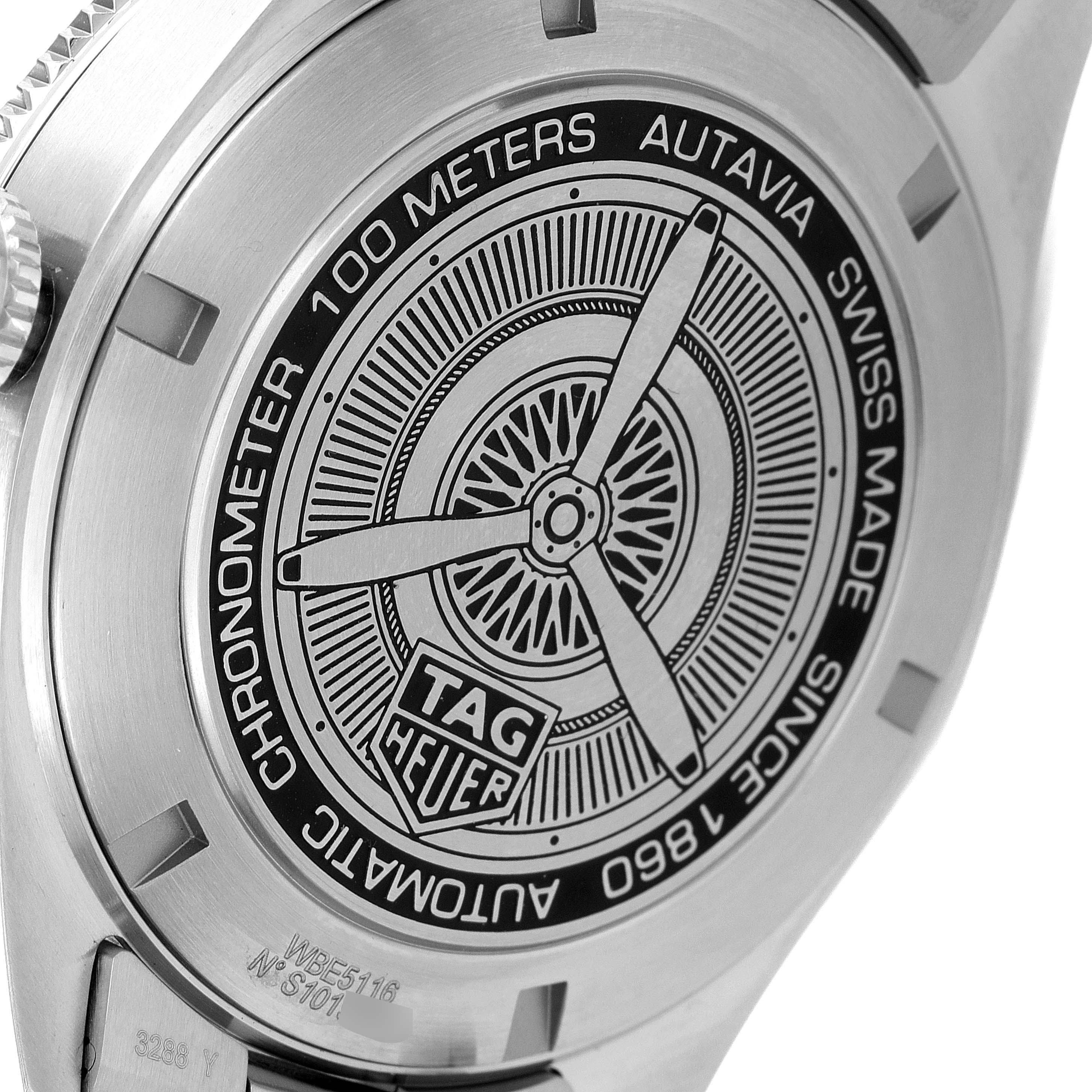 This image shows the engraved case back of a Tag Heuer Autavia WBE5116.EB0173 Men's Stainless Steel Blue Dial WBE5116.EB0173 Men's Stainless Steel Blue Dial watch.