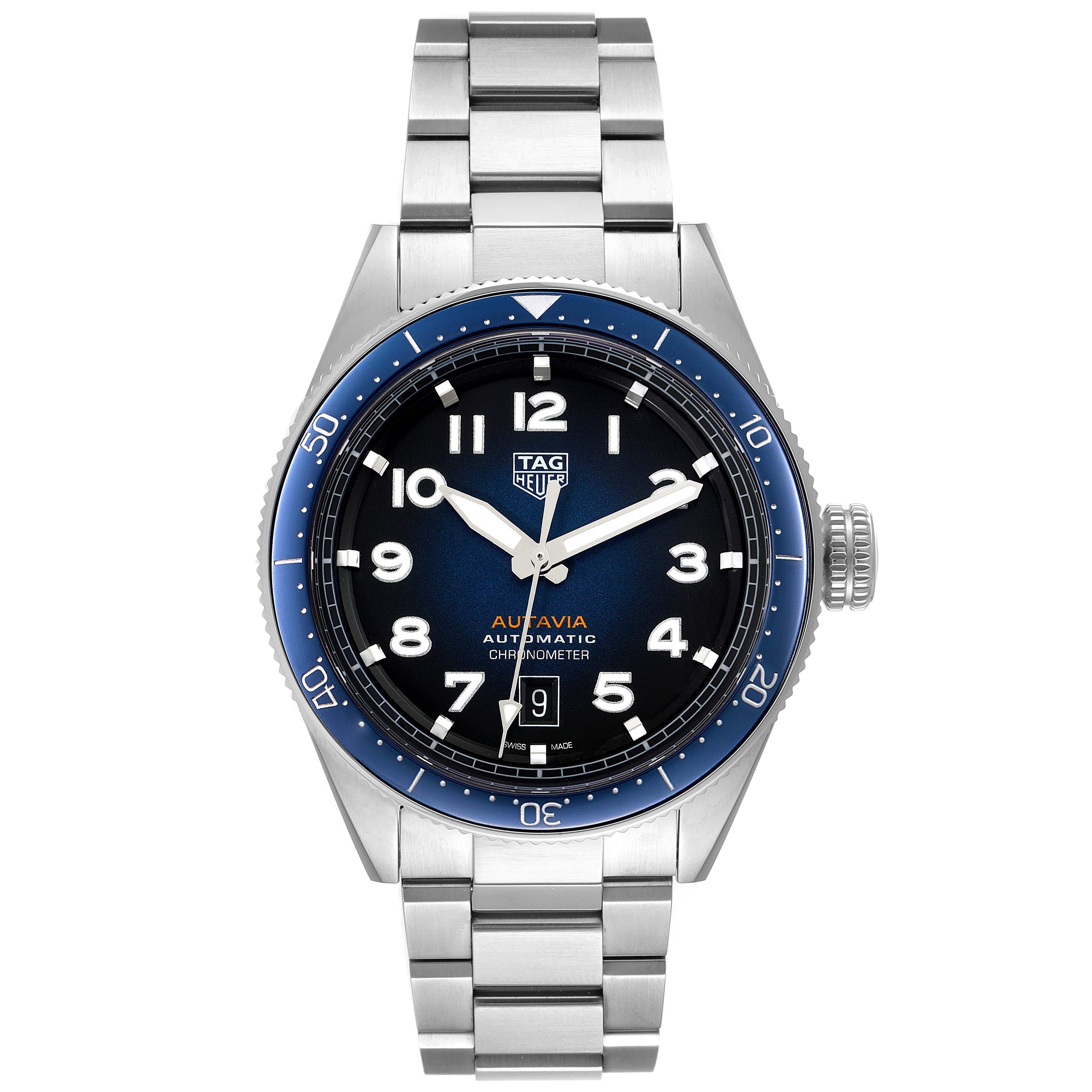This image shows a front view of a Tag Heuer Autavia WBE5116.EB0173 Men's Stainless Steel Blue Dial WBE5116.EB0173 Men's Stainless Steel Blue Dial watch, displaying the face, bezel, and stainless steel band.