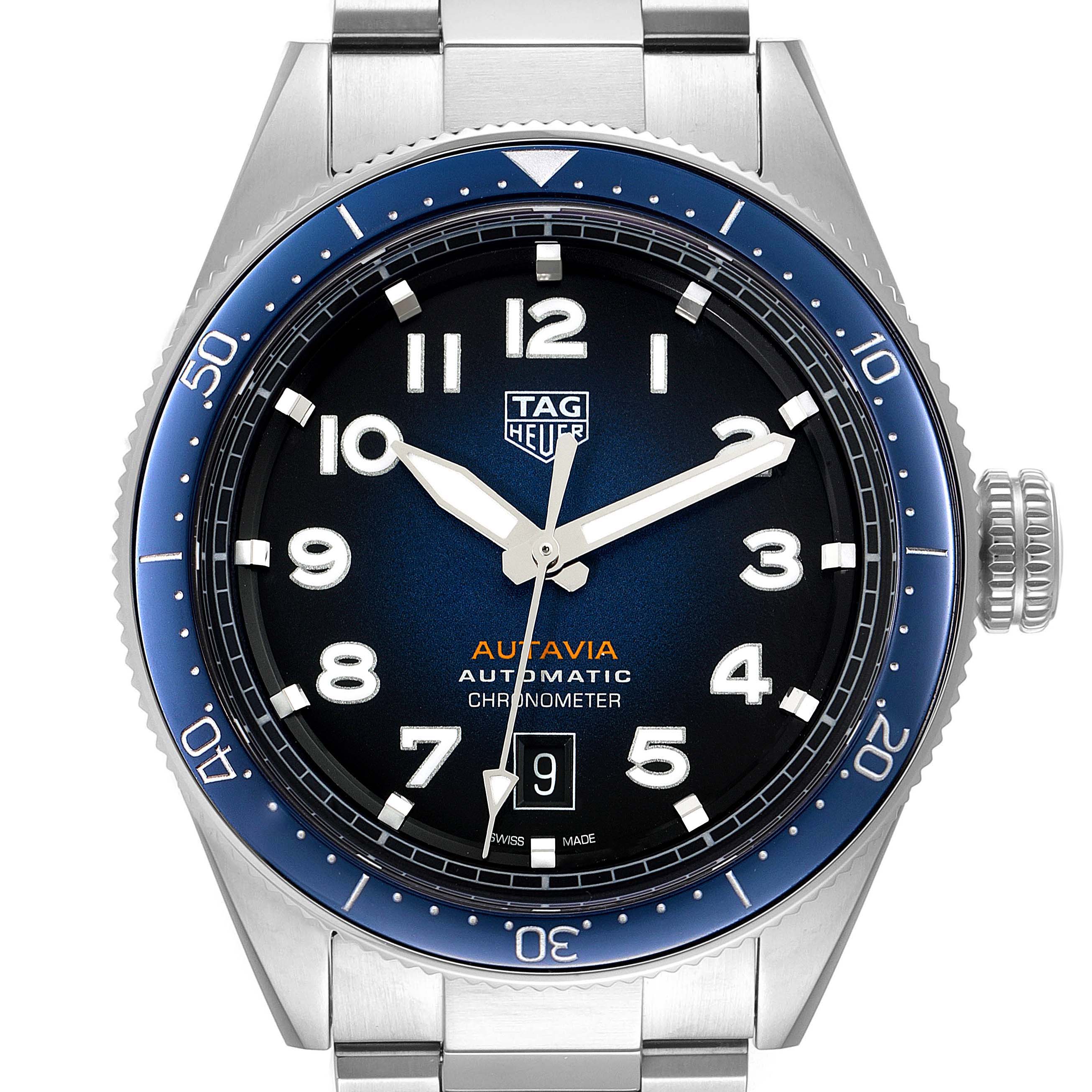 The image shows a front view of the Tag Heuer Autavia WBE5116.EB0173 Men's Stainless Steel Blue Dial WBE5116.EB0173 Men's Stainless Steel Blue Dial watch, highlighting its dial, bezel, and part of the bracelet.