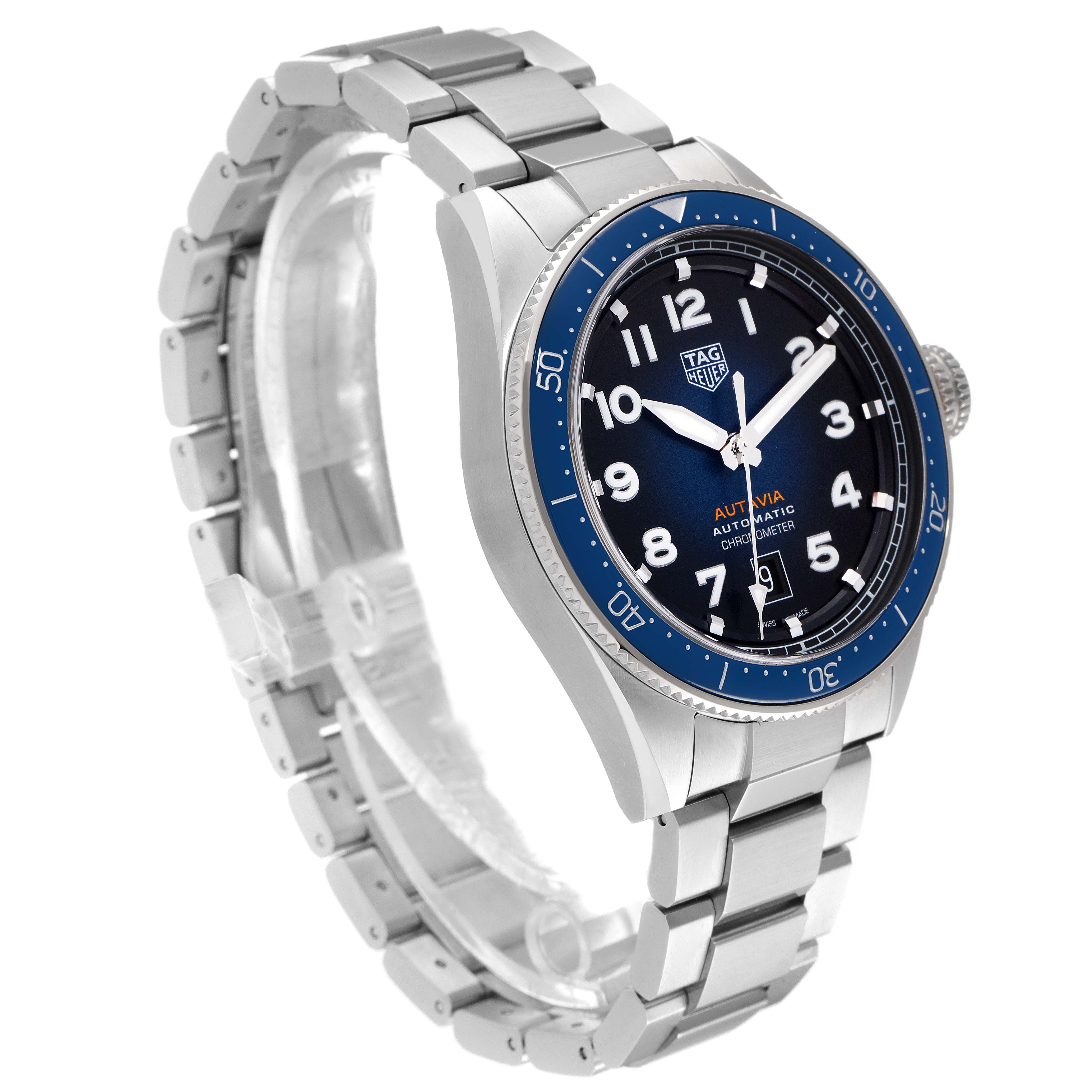 The image shows a Tag Heuer Autavia WBE5116.EB0173 Men's Stainless Steel Blue Dial WBE5116.EB0173 Men's Stainless Steel Blue Dial watch with a stainless steel bracelet and a blue dial, viewed from an angled side-front perspective.