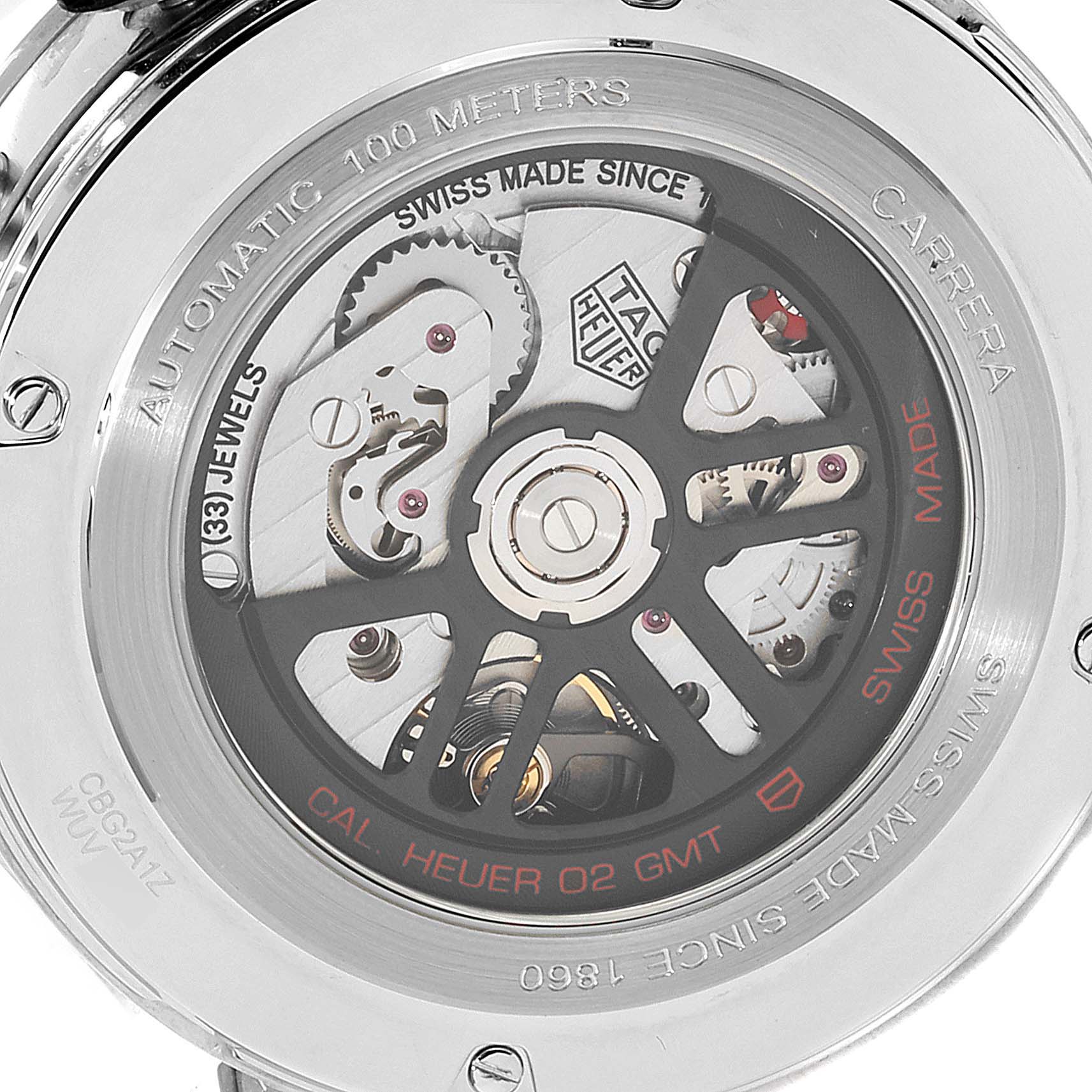 The image shows the back view of a Tag Heuer Carrera CBG2A1Z.BA0658 Men
s Stainless Steel Black Dial CBG2A1Z.BA0658 Men
s Stainless Steel Black Dial watch, highlighting its automatic movement and intricate internal mechanism.