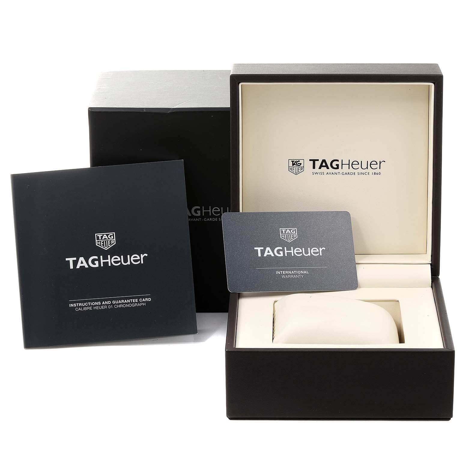 This image shows the packaging, warranty card, and instruction booklet for a Tag Heuer Carrera CBG2A1Z.BA0658 Men
s Stainless Steel Black Dial CBG2A1Z.BA0658 Men
s Stainless Steel Black Dial watch.