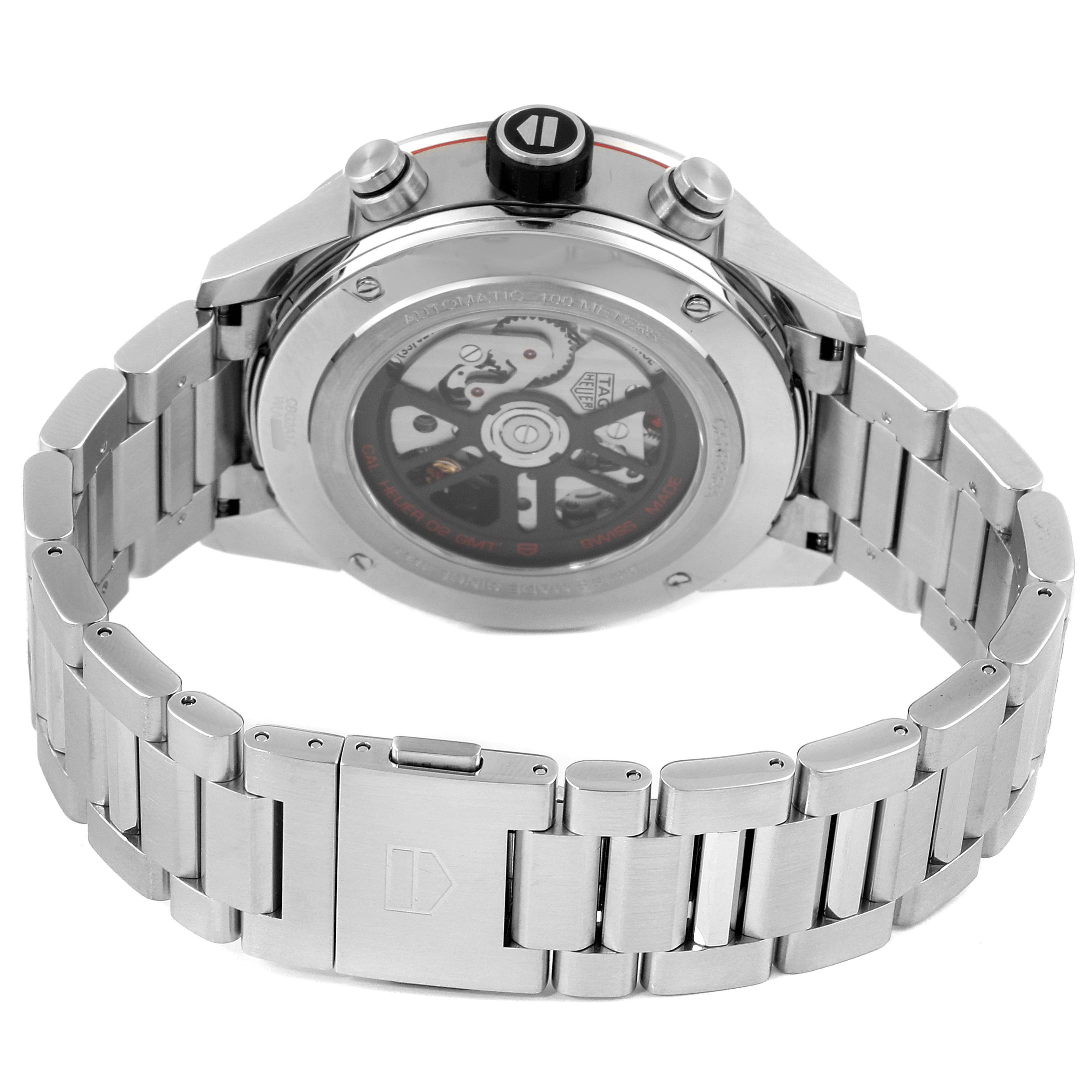 The image shows the back view of the Tag Heuer Carrera CBG2A1Z.BA0658 Men
s Stainless Steel Black Dial CBG2A1Z.BA0658 Men
s Stainless Steel Black Dial watch, displaying its transparent case back and metal bracelet.