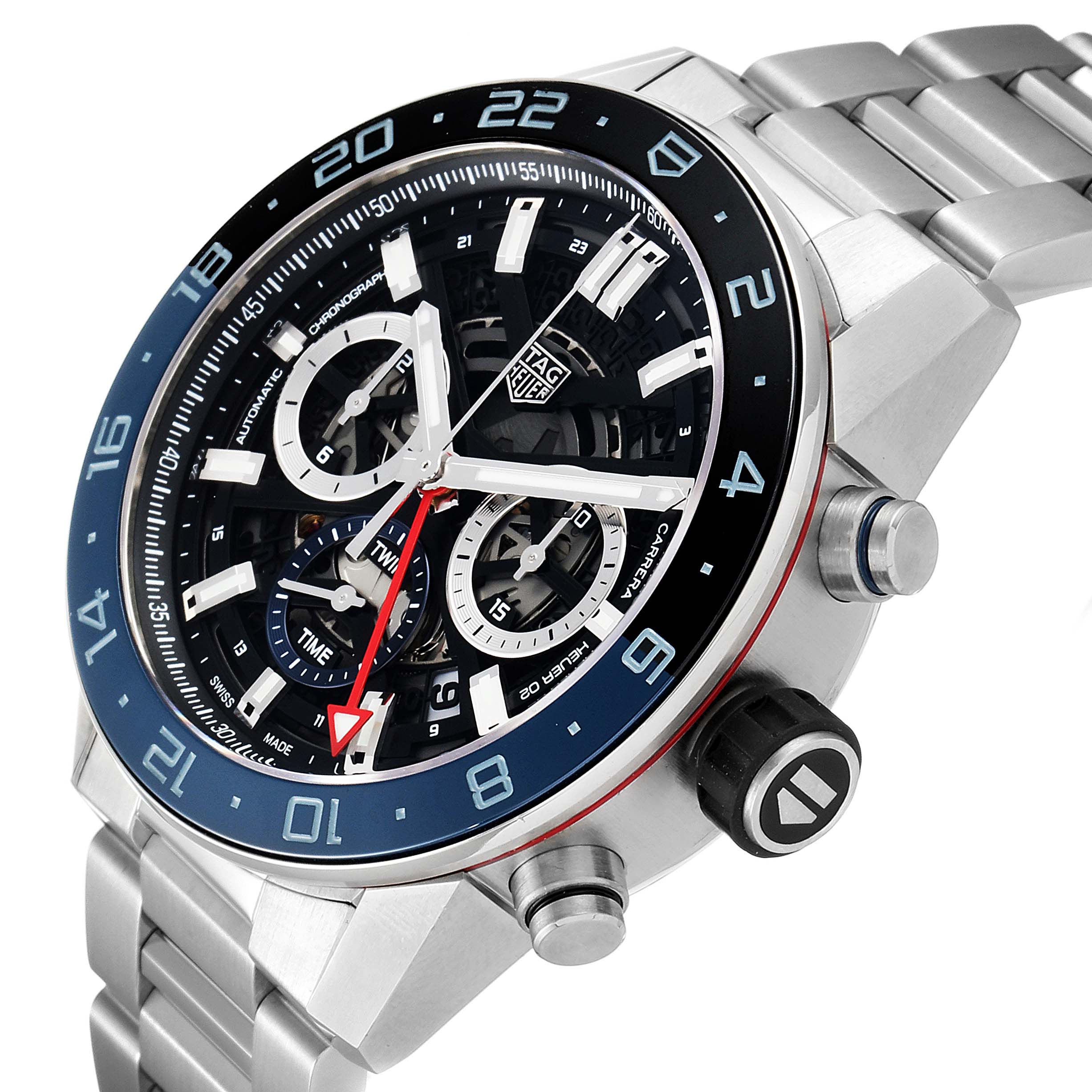 The Tag Heuer Carrera CBG2A1Z.BA0658 Men
s Stainless Steel Black Dial CBG2A1Z.BA0658 Men
s Stainless Steel Black Dial watch is shown from a three-quarter angle, highlighting its detailed face, bezel, and stainless steel band.