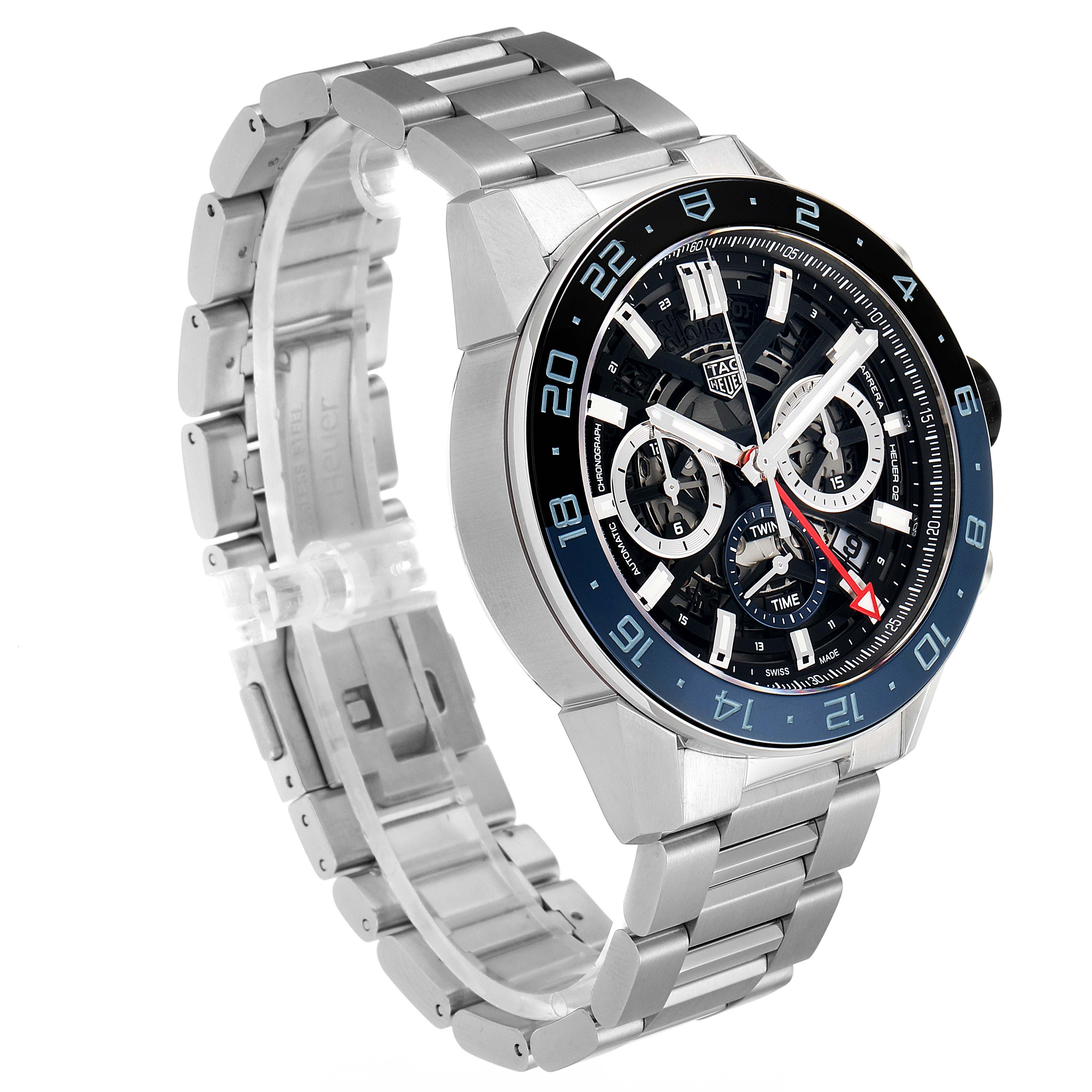 This image shows the Tag Heuer Carrera CBG2A1Z.BA0658 Men
s Stainless Steel Black Dial CBG2A1Z.BA0658 Men
s Stainless Steel Black Dial model watch from a three-quarter angle, highlighting its face, bezel, and metal band.