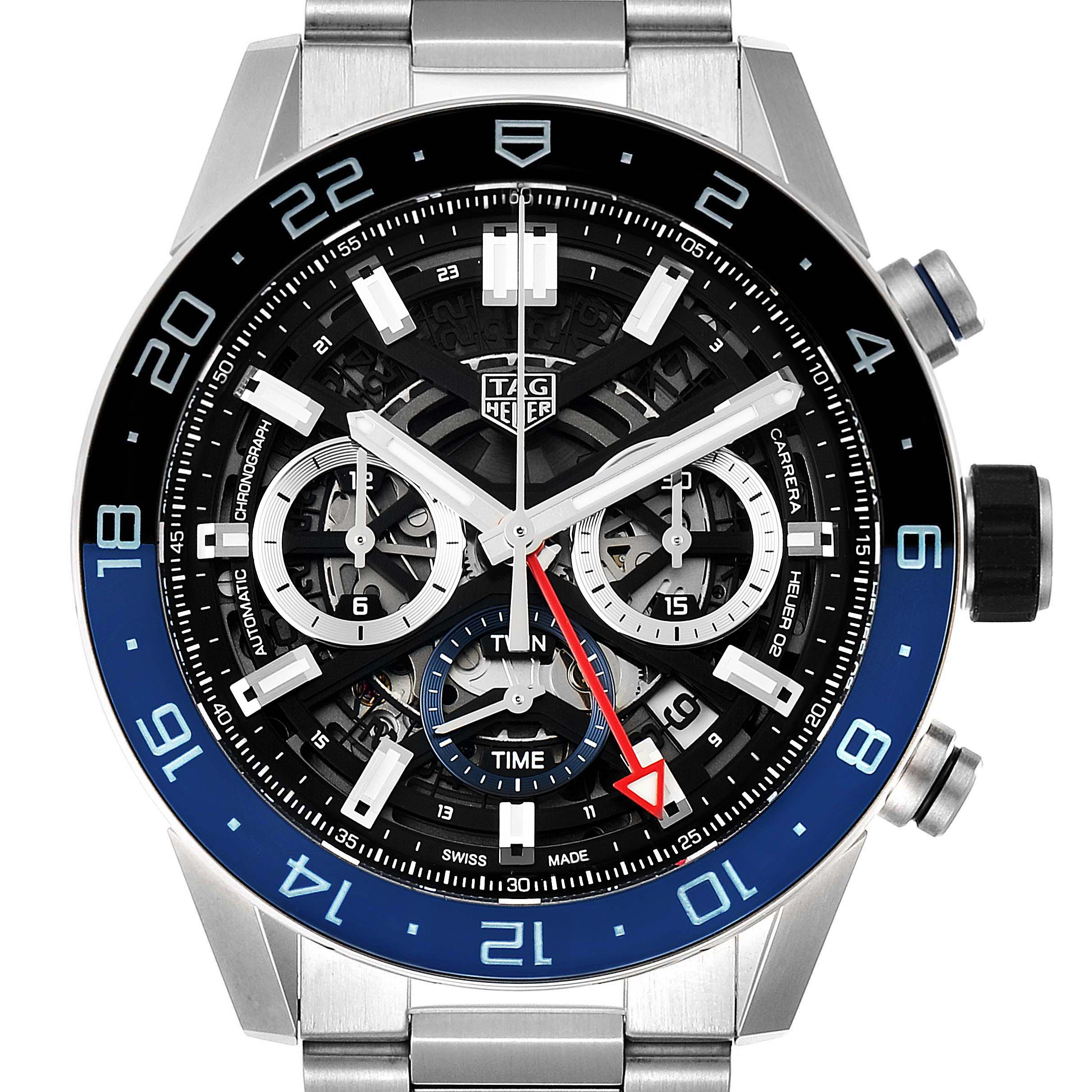 The image shows a close-up, frontal view of the Tag Heuer Carrera CBG2A1Z.BA0658 Men
s Stainless Steel Black Dial CBG2A1Z.BA0658 Men
s Stainless Steel Black Dial watch, displaying the dial and bezel in detail.