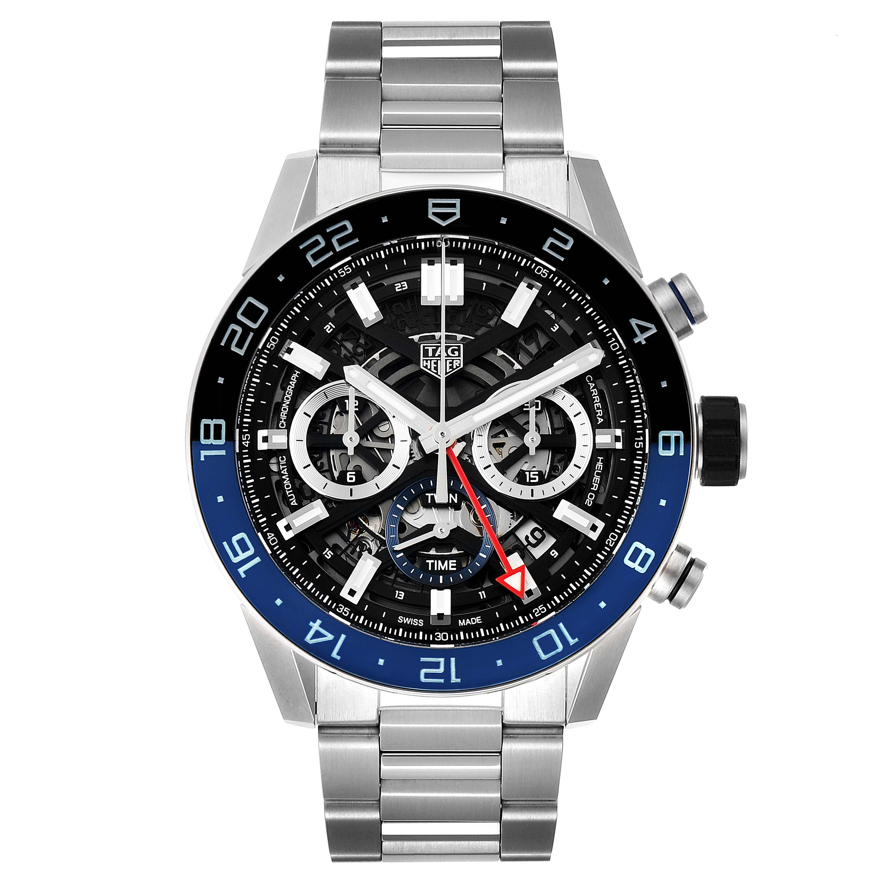This image shows a frontal view of a Tag Heuer Carrera CBG2A1Z.BA0658 Men
s Stainless Steel Black Dial CBG2A1Z.BA0658 Men
s Stainless Steel Black Dial watch, highlighting its face, dial, and bracelet.