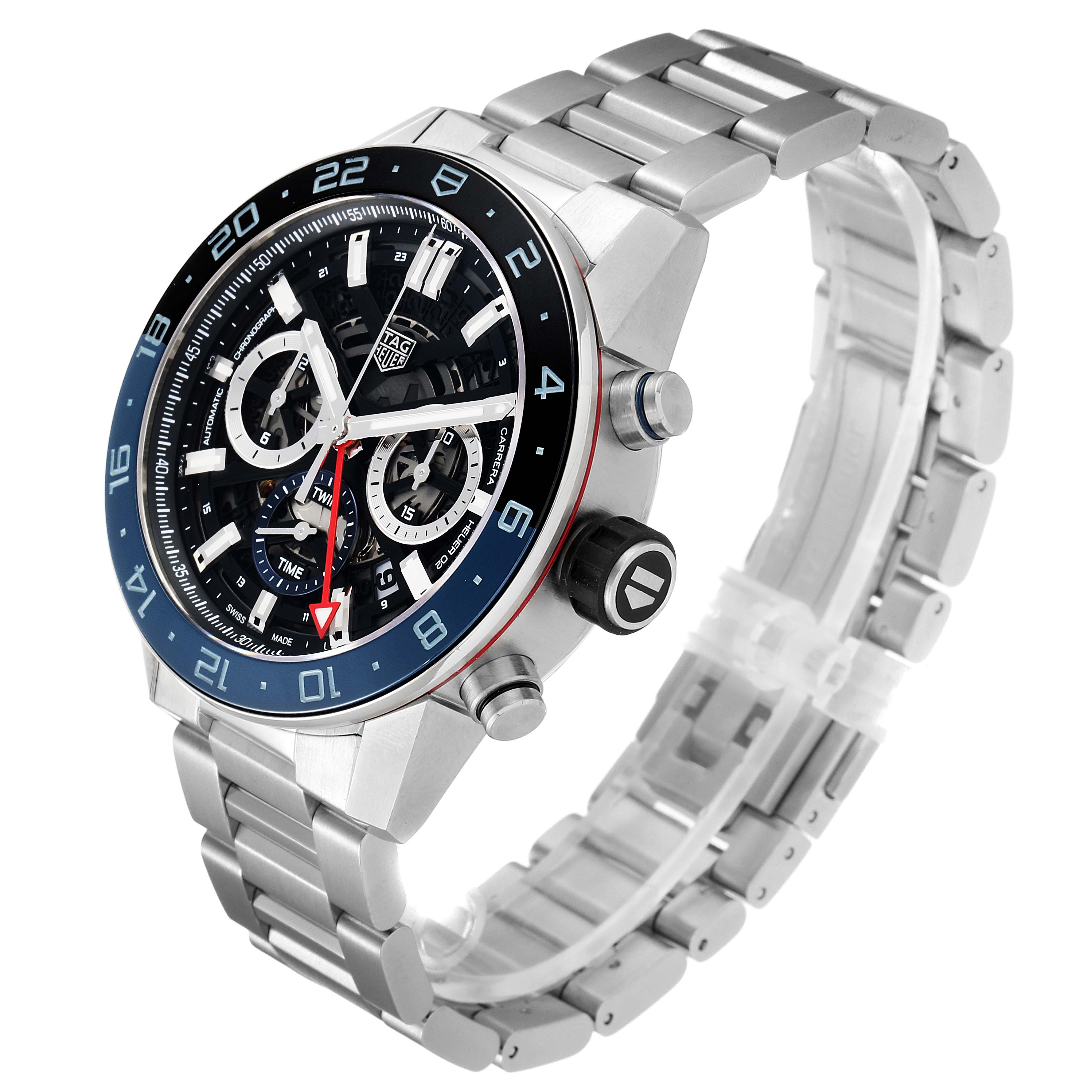 The image shows a Tag Heuer Carrera CBG2A1Z.BA0658 Men
s Stainless Steel Black Dial CBG2A1Z.BA0658 Men
s Stainless Steel Black Dial watch at a three-quarter angle, highlighting the face, bezel, crown, pushers, and metal bracelet.