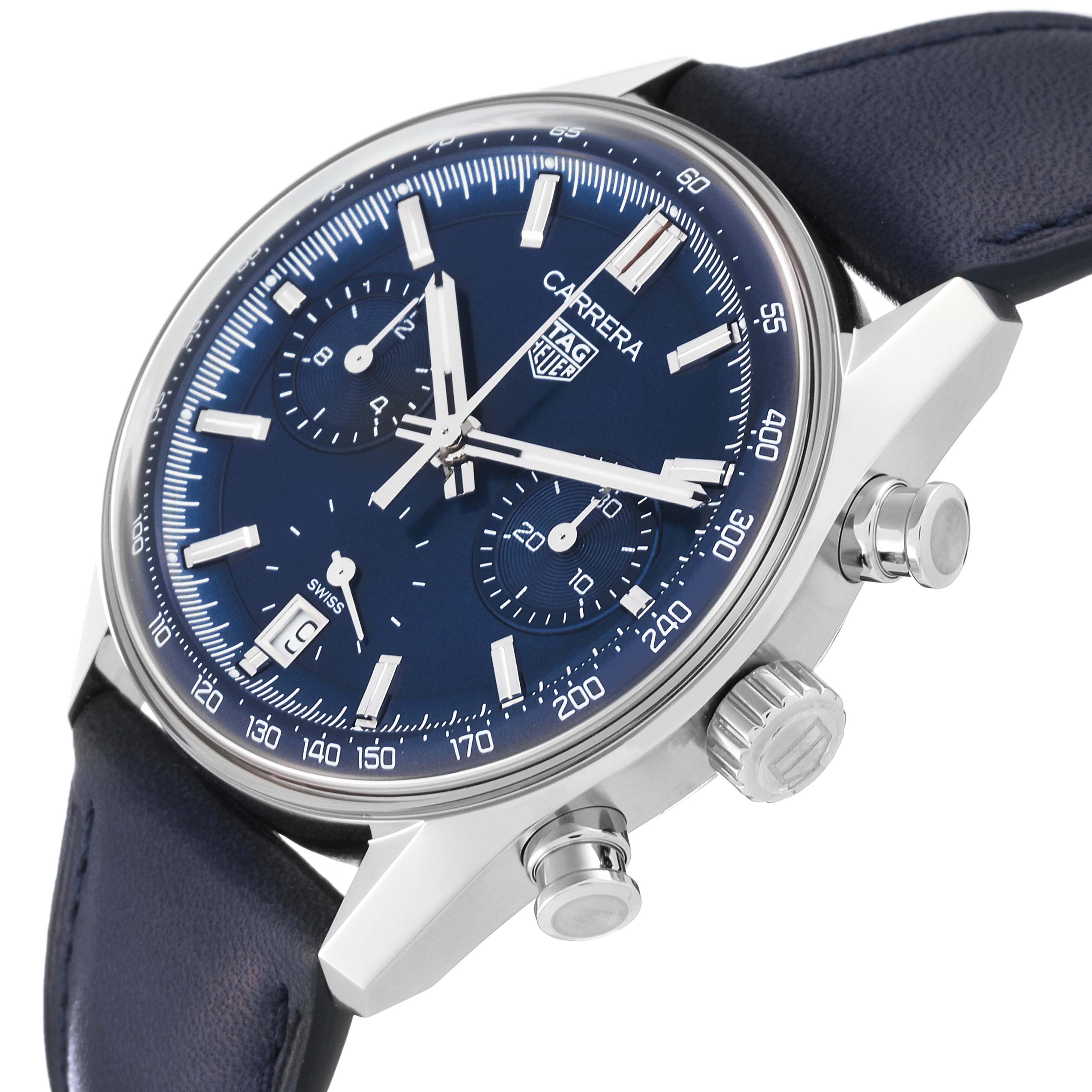 This Tag Heuer Carrera CBS2212.FC6535 Men's Stainless Steel Blue Dial CBS2212.FC6535 Men's Stainless Steel Blue Dial watch is shown at an angled view, displaying its dial, crown, pushers, and part of its strap.