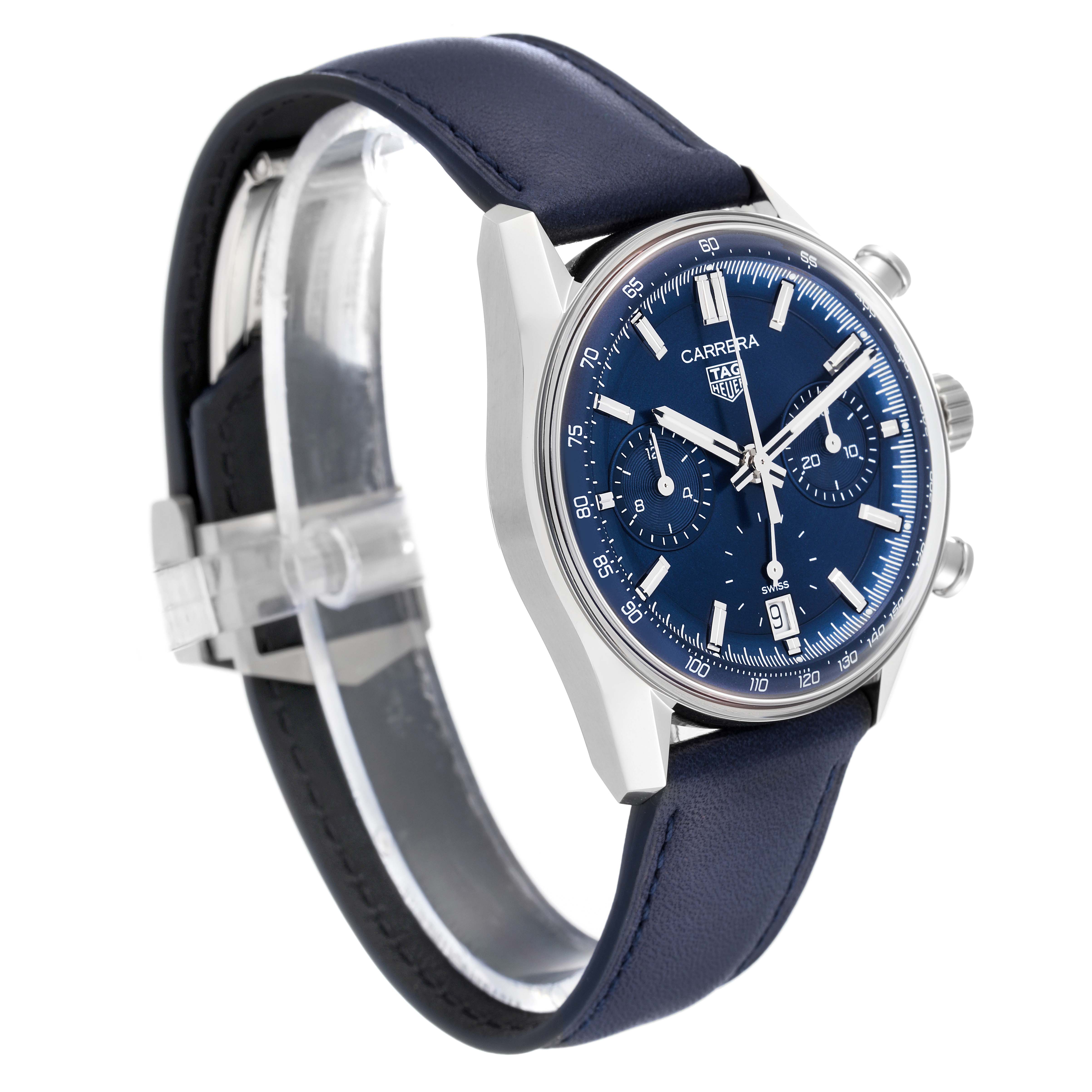 This image shows a side-angle view of the Tag Heuer Carrera CBS2212.FC6535 Men's Stainless Steel Blue Dial CBS2212.FC6535 Men's Stainless Steel Blue Dial watch, highlighting the face, bezel, and strap.