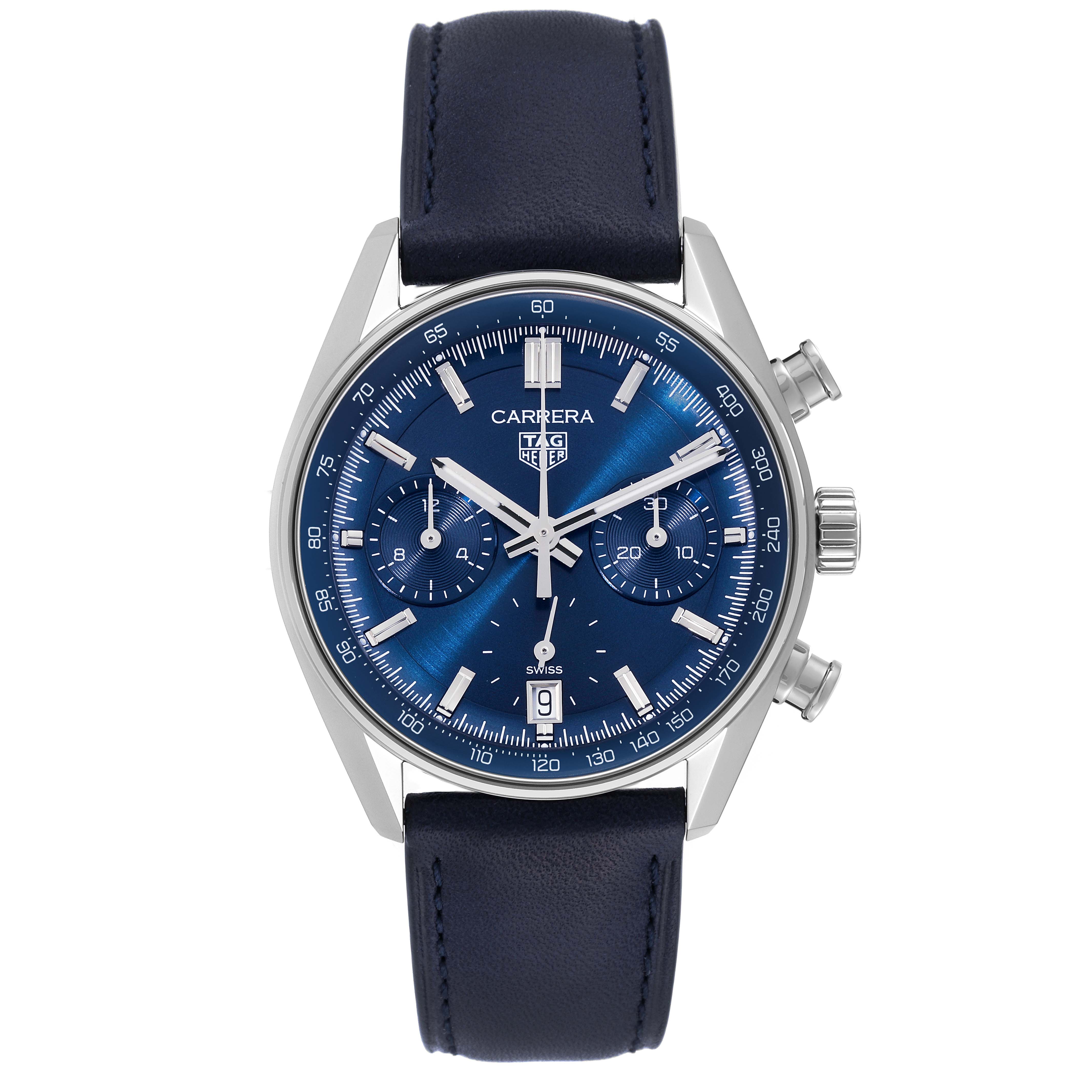 The image shows a front view of a Tag Heuer Carrera CBS2212.FC6535 Men's Stainless Steel Blue Dial CBS2212.FC6535 Men's Stainless Steel Blue Dial watch with a blue dial and leather strap.