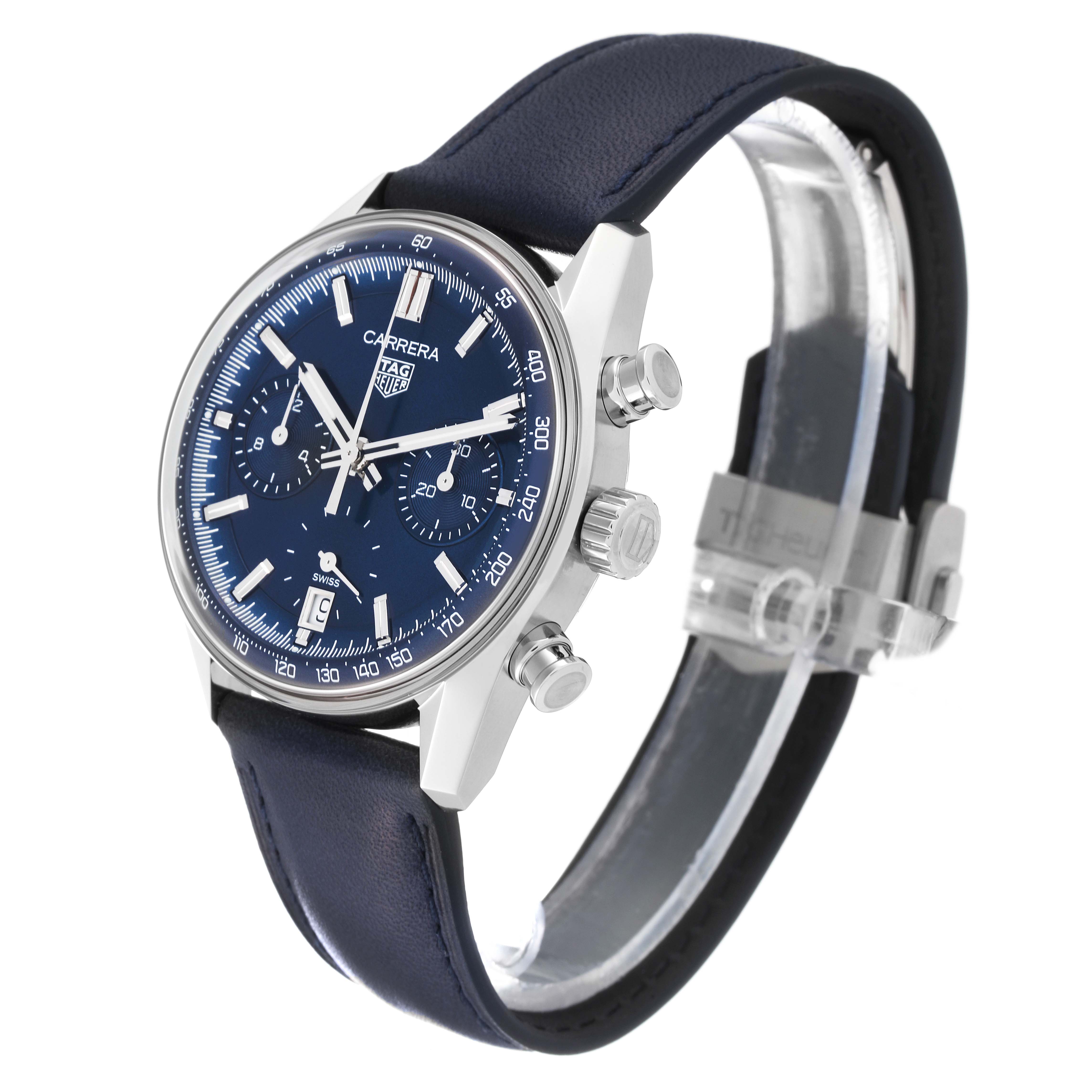 The image shows a Tag Heuer Carrera CBS2212.FC6535 Men's Stainless Steel Blue Dial CBS2212.FC6535 Men's Stainless Steel Blue Dial model watch from a slight side angle, showcasing the face, bezel, and leather strap.