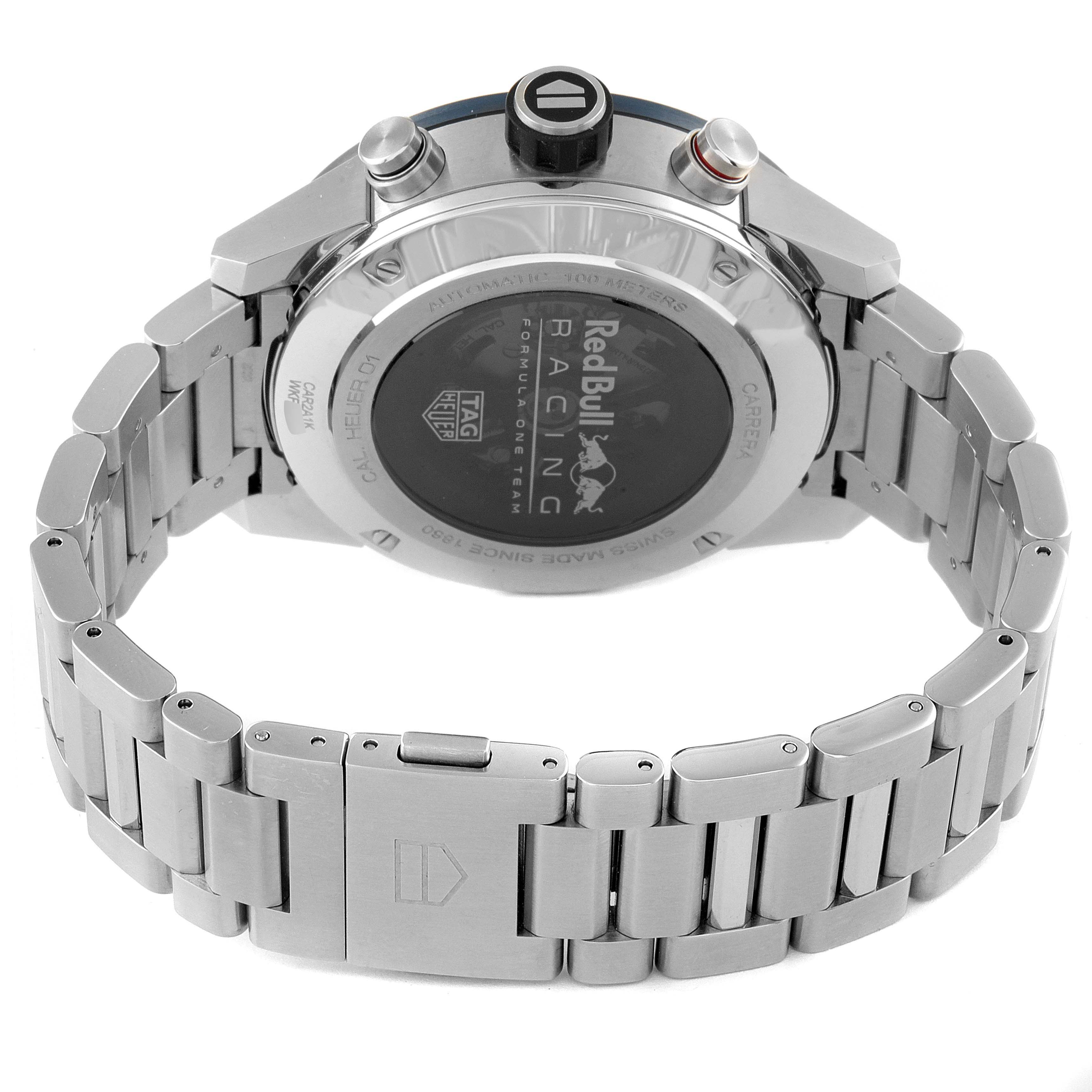 The image shows the back view of the Tag Heuer Carrera CAR2A1K.BA0703 Men
s Stainless Steel Blue Dial CAR2A1K.BA0703 Men
s Stainless Steel Blue Dial watch, displaying its case back, crown, buttons, and stainless steel bracelet.